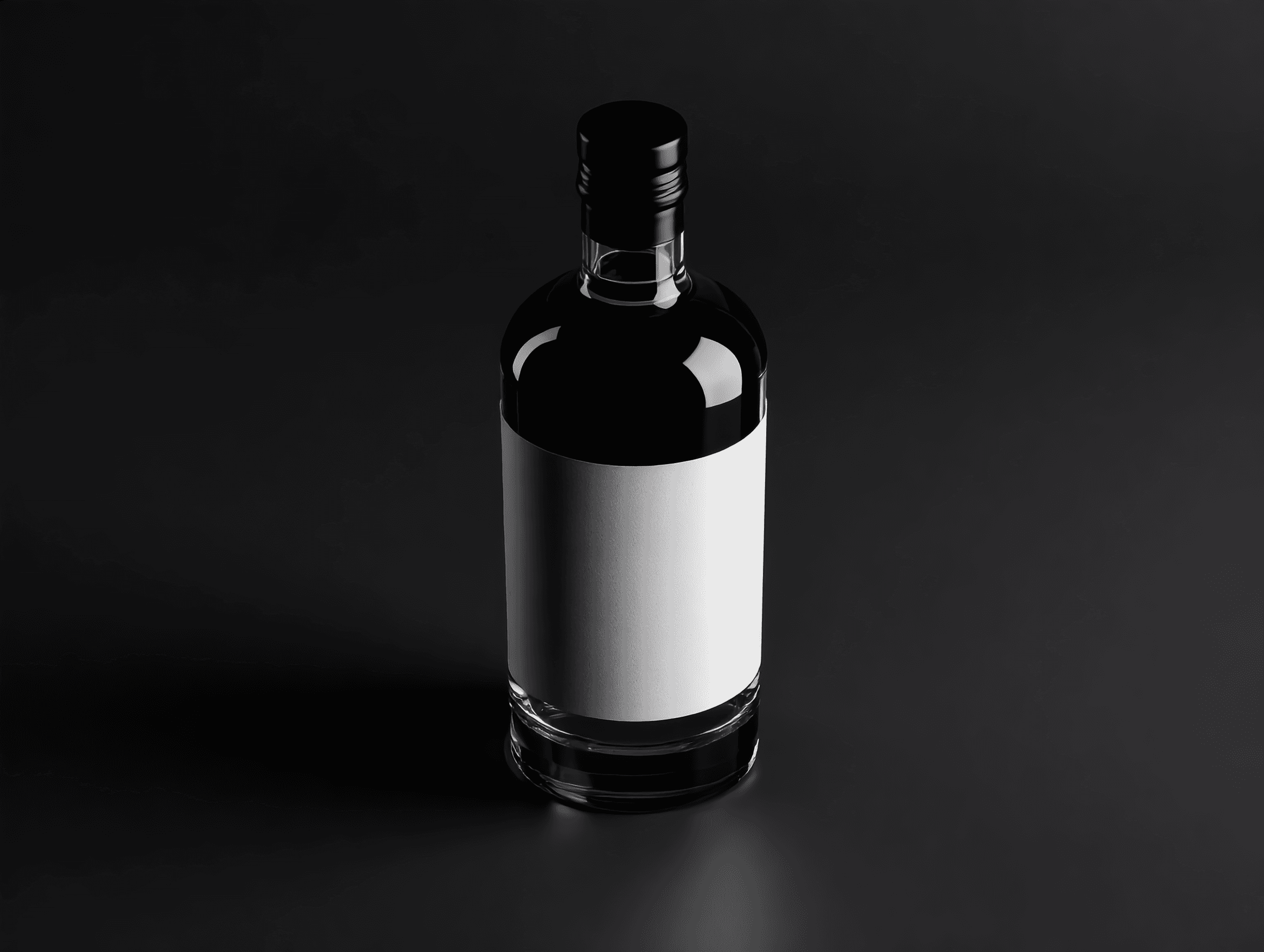 A dark bottle with a white label spins against a black background, casting soft shadows.