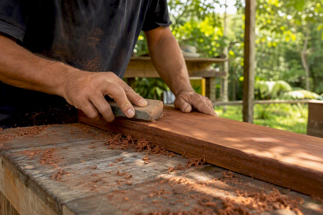 Hands sanding hardwood deck board edge