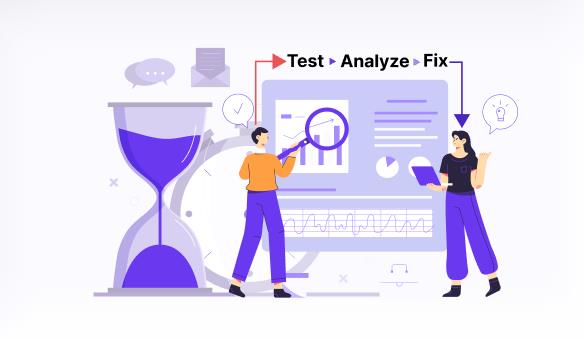 Illustration showing the RITE method in UX as a fast loop of test, analyze, and fix during usability testing.