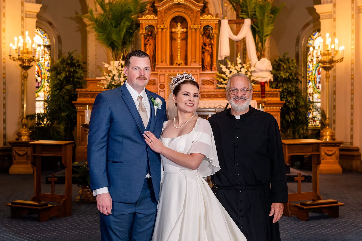 A bride and groom holding hands