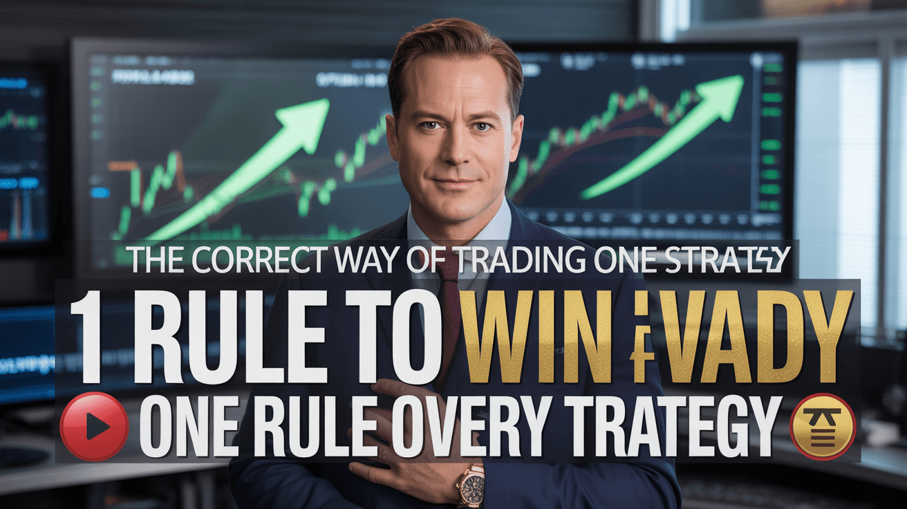 Confident trader before green chart screens with 1 RULE TO WIN EVERY TRADE text