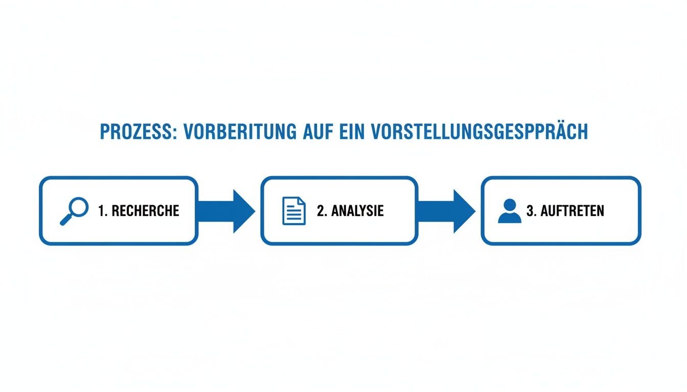 Flussdiagramm mit 3 Schritten zur Vorbereitung auf ein Vorstellungsgespräch: Recherche, Analyse, Auftreten.