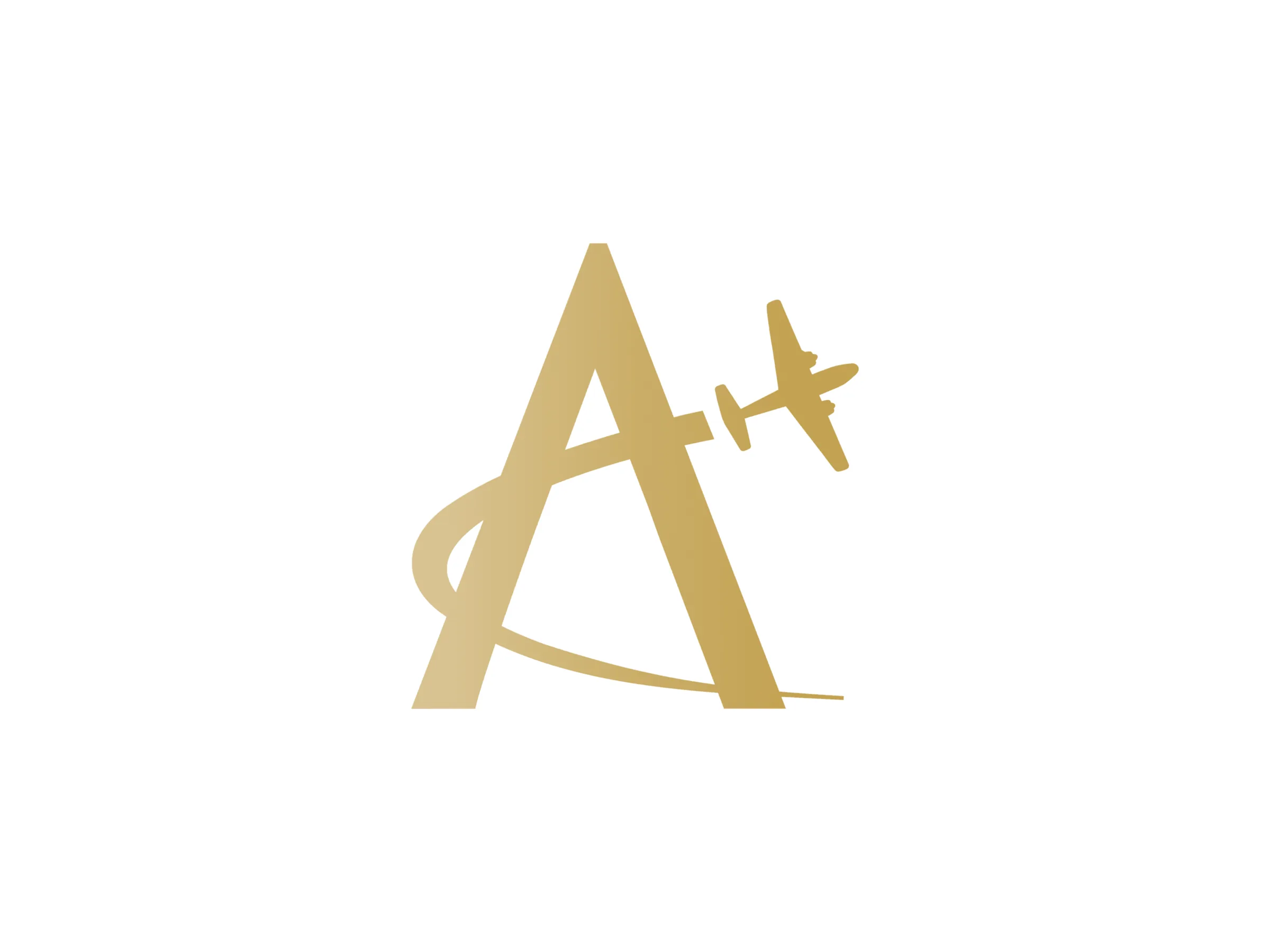 Aviation Success gold “A” monogram with a small aircraft tracing a contrail through the letter.