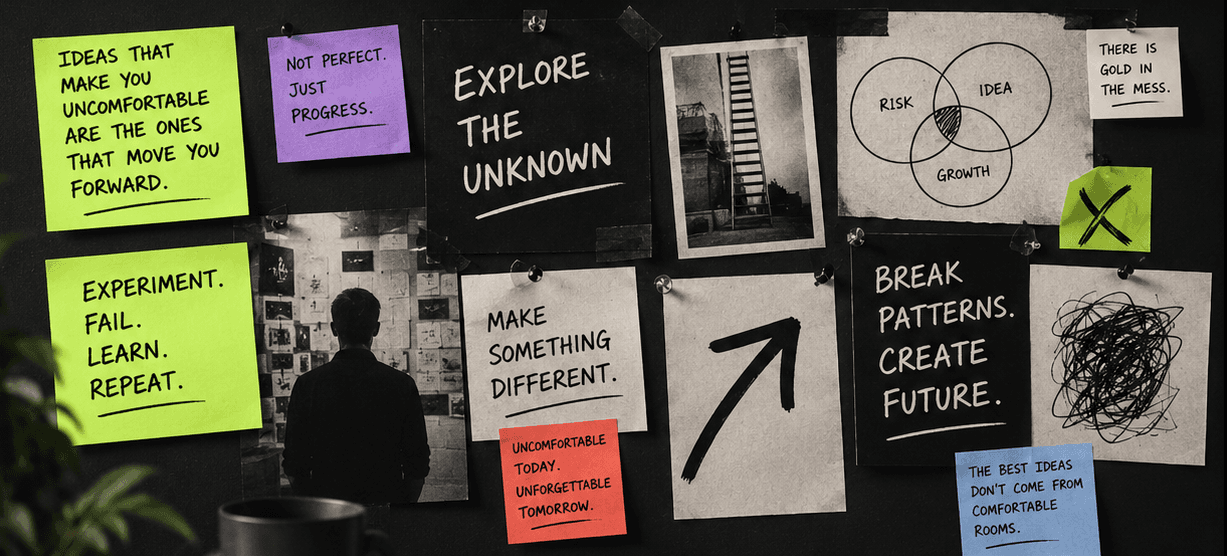 Creative inspiration board with sketches, arrows, notes, and experimental ideas exploring innovation, risk, and unconventional thinking.