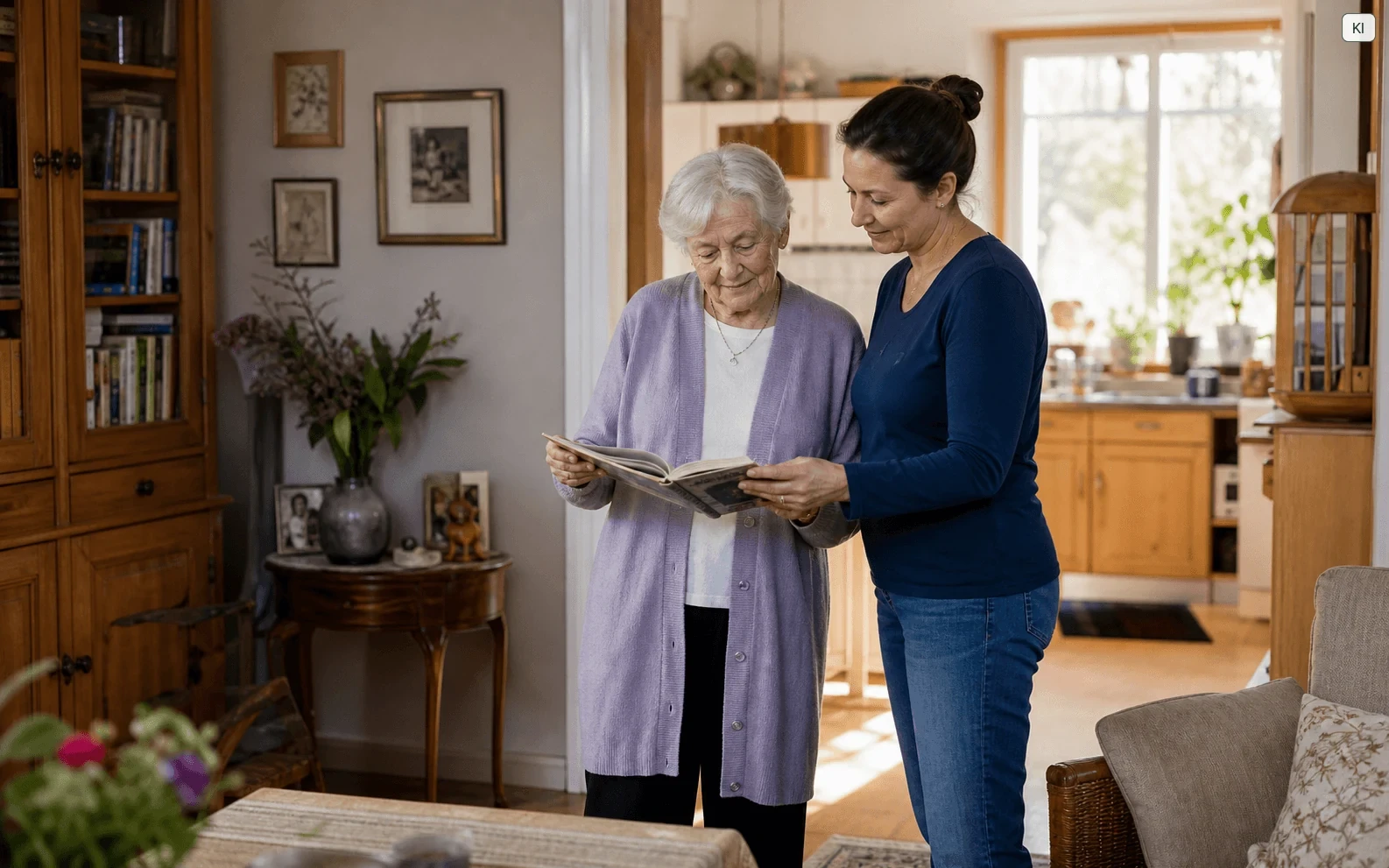 Eine Seniorin und ihre Betreuungskraft erleben einen positiven Alltag zu Hause.