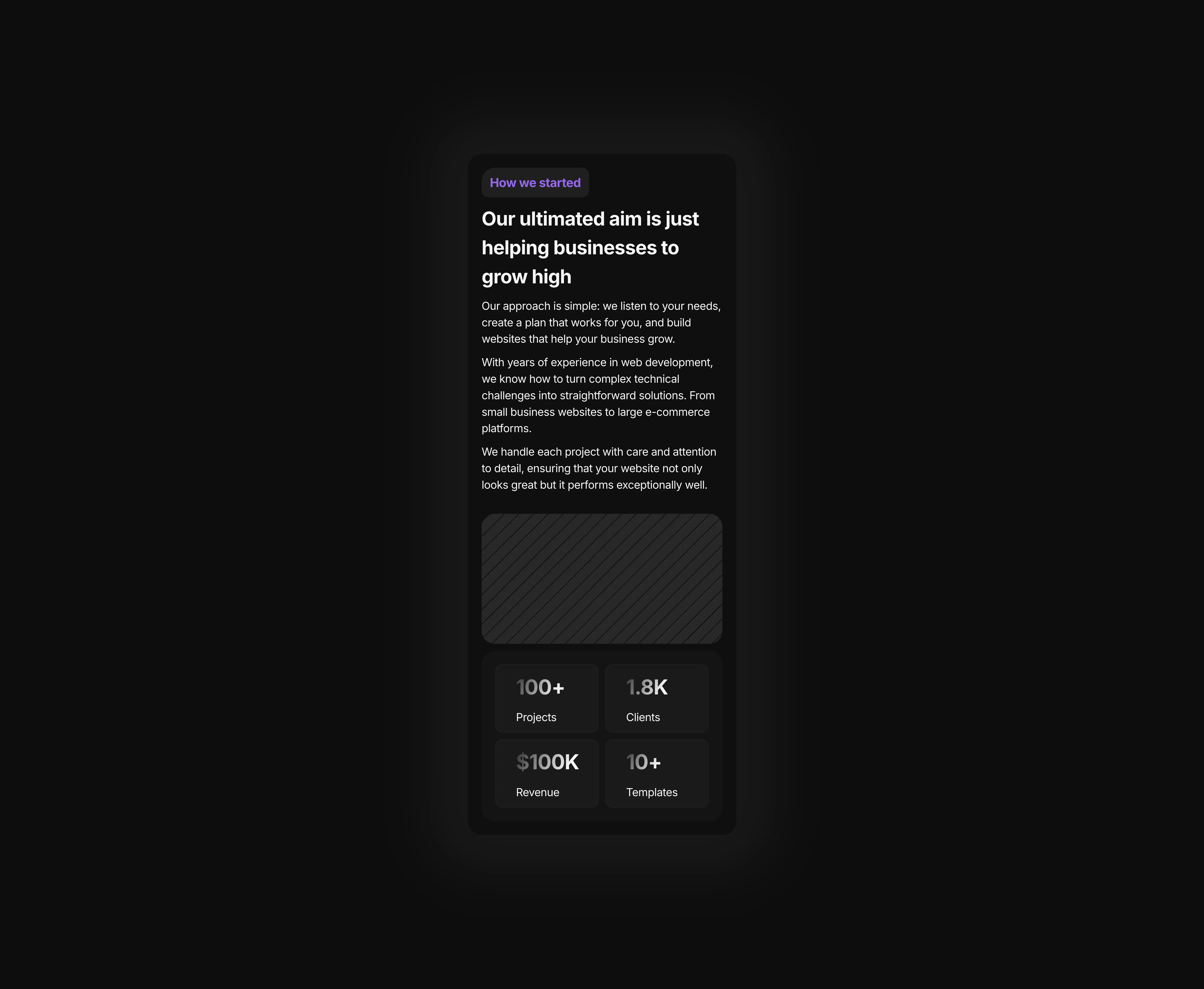 Professional about section in dark theme for mobile and phone devices