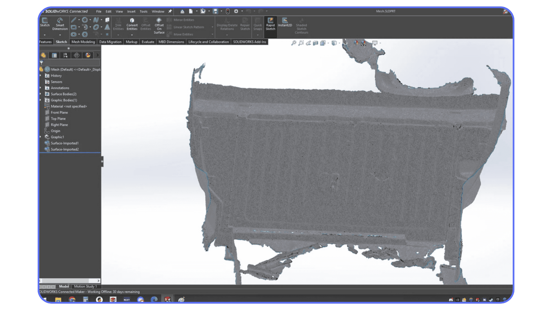 Large imported mesh model displayed in SolidWorks with high-density scan data.
