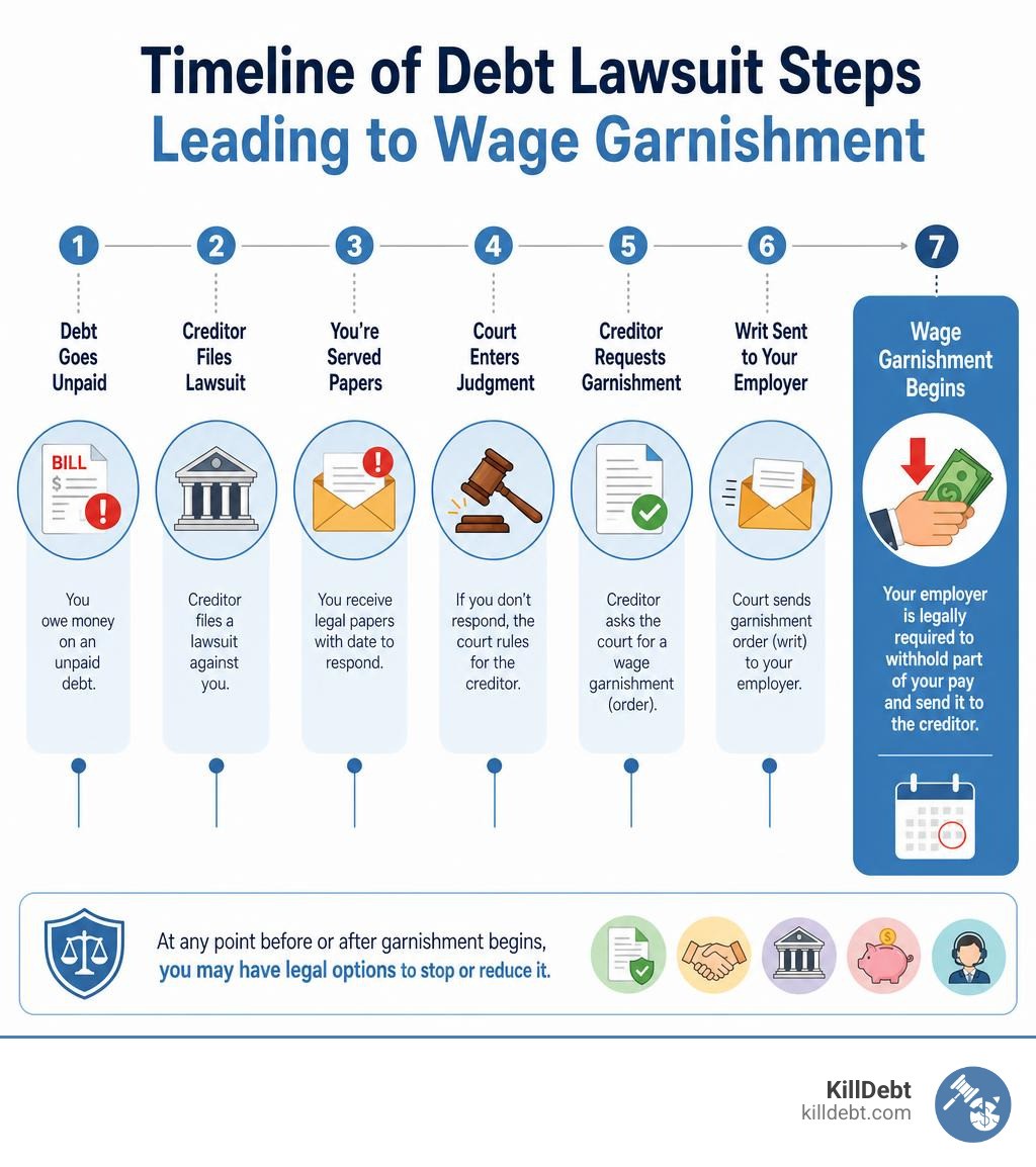Timeline of debt lawsuit steps leading to wage garnishment infographic infographic