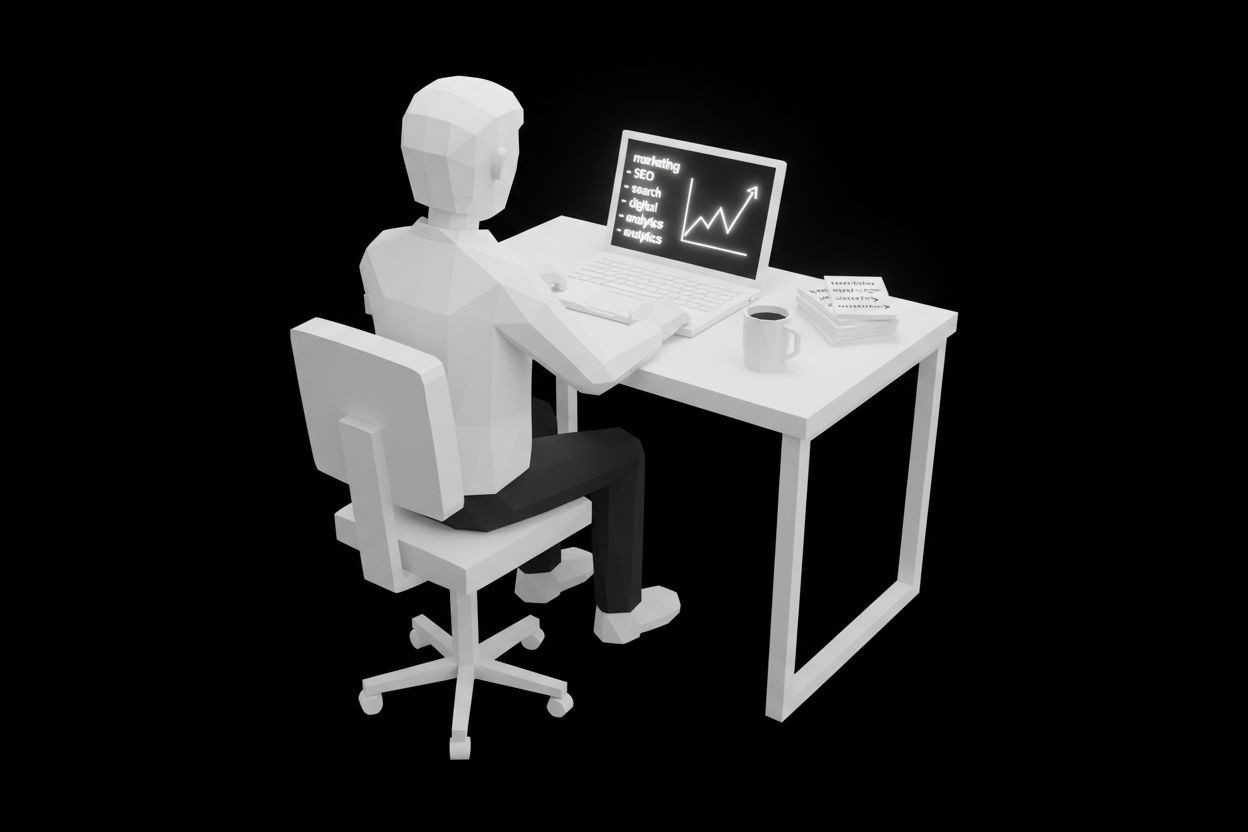 A marketer reviewing search results on a laptop