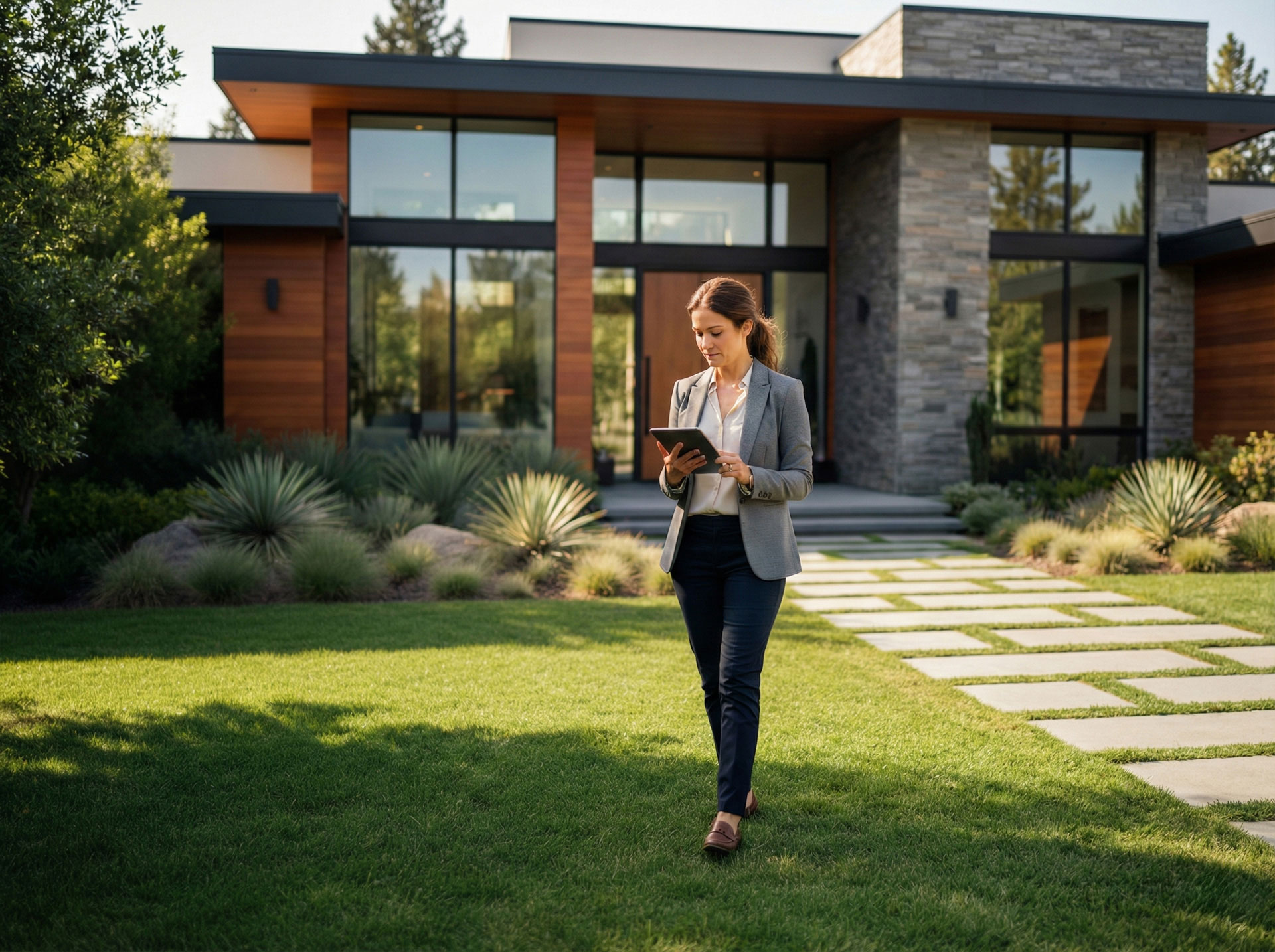 Professional appraiser evaluating residential home exterior