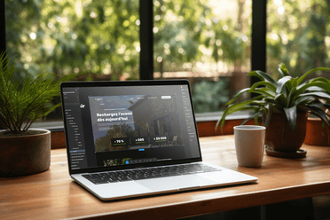 Mockup du site web GreenVibe Energy sur un ordinateur portable, présentant une maison avec slogan Recharger l’avenir et des statistiques environnementales.