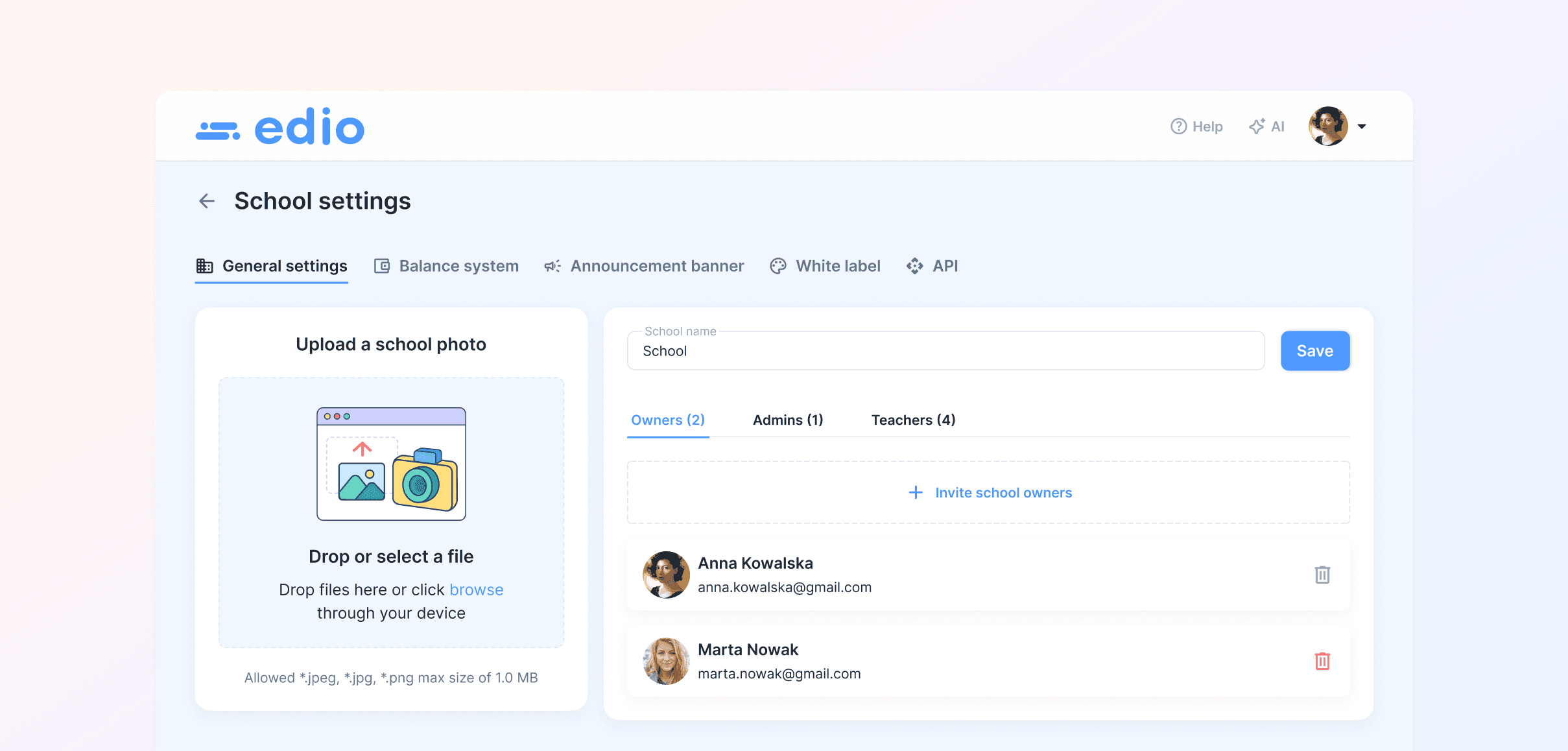 edio School settings — General settings tab with photo upload and teacher management