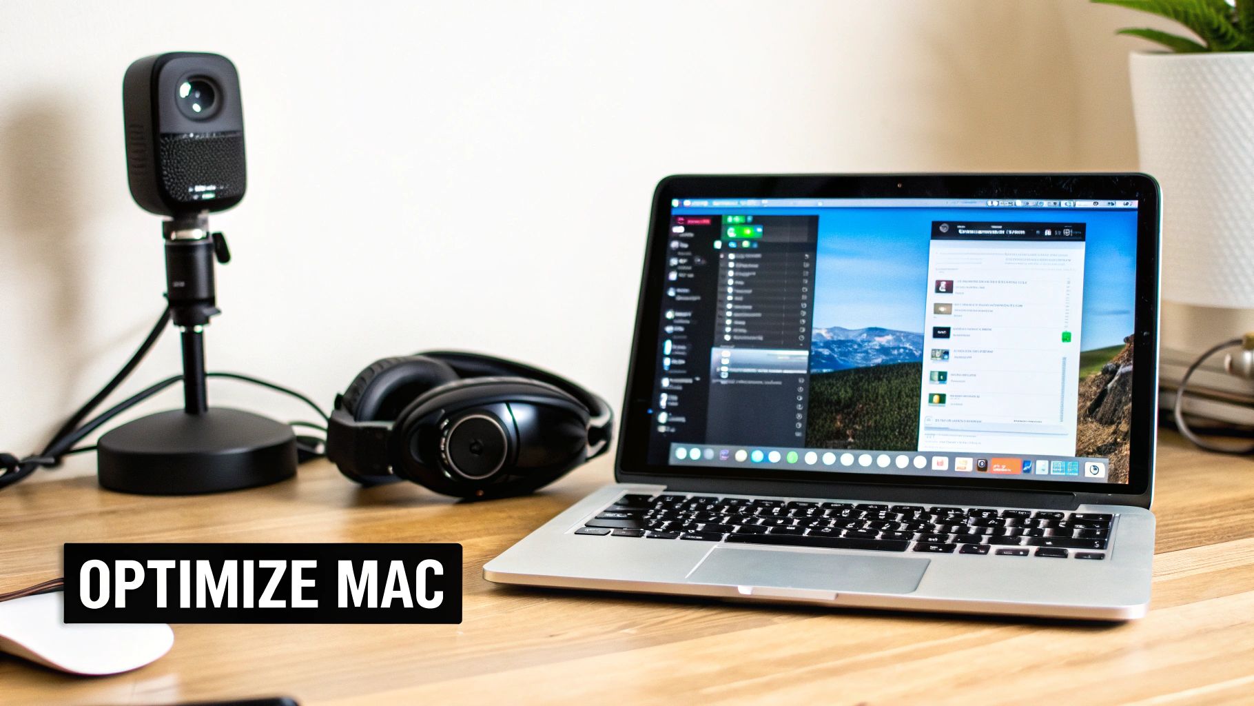 A desk setup with a laptop, a microphone on a stand, and headphones, ready for video recording.