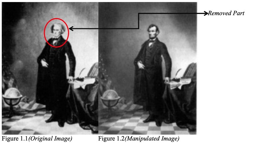 Darstellung des ersten gefälschten Bildes aus dem Jahr 1860, bei welchem dem Politiker John Calhoun der Kopf von Präsident Abraham Lincoln aufgesetzt wurde.