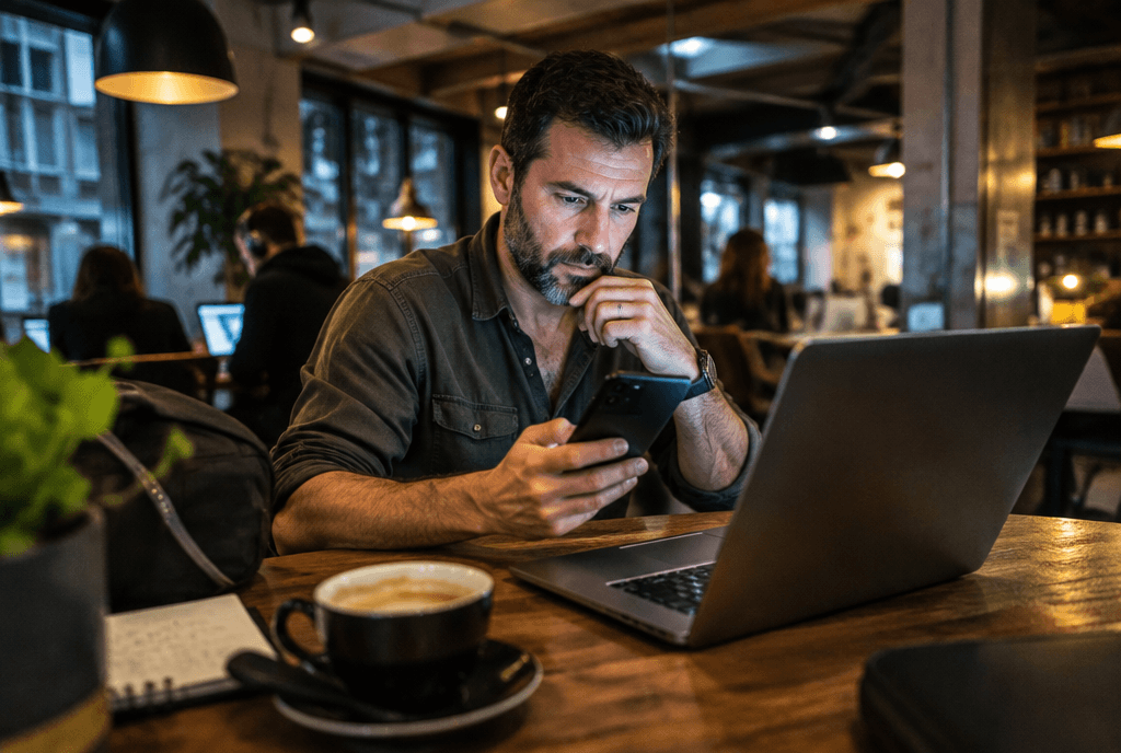 Marketer on site reviewing ad spend with a phone and laptop during a busy workday