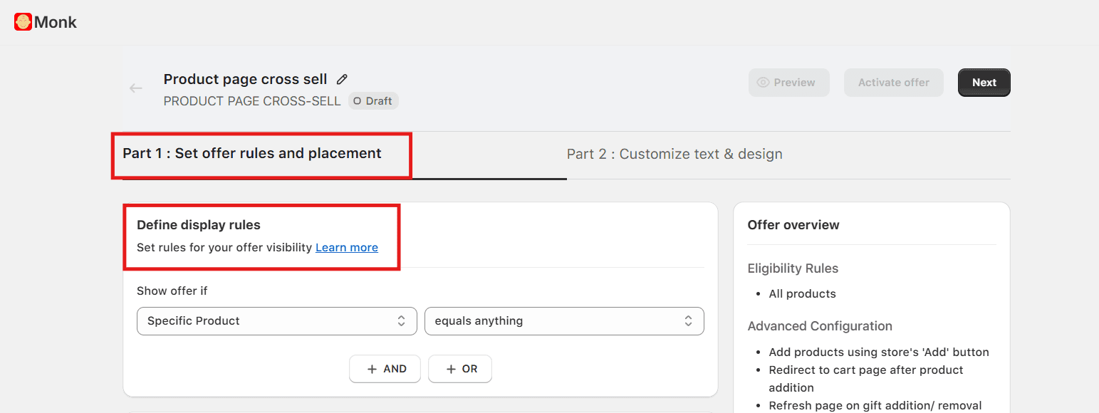 Eligibility and Display options for upsell offers in Monk