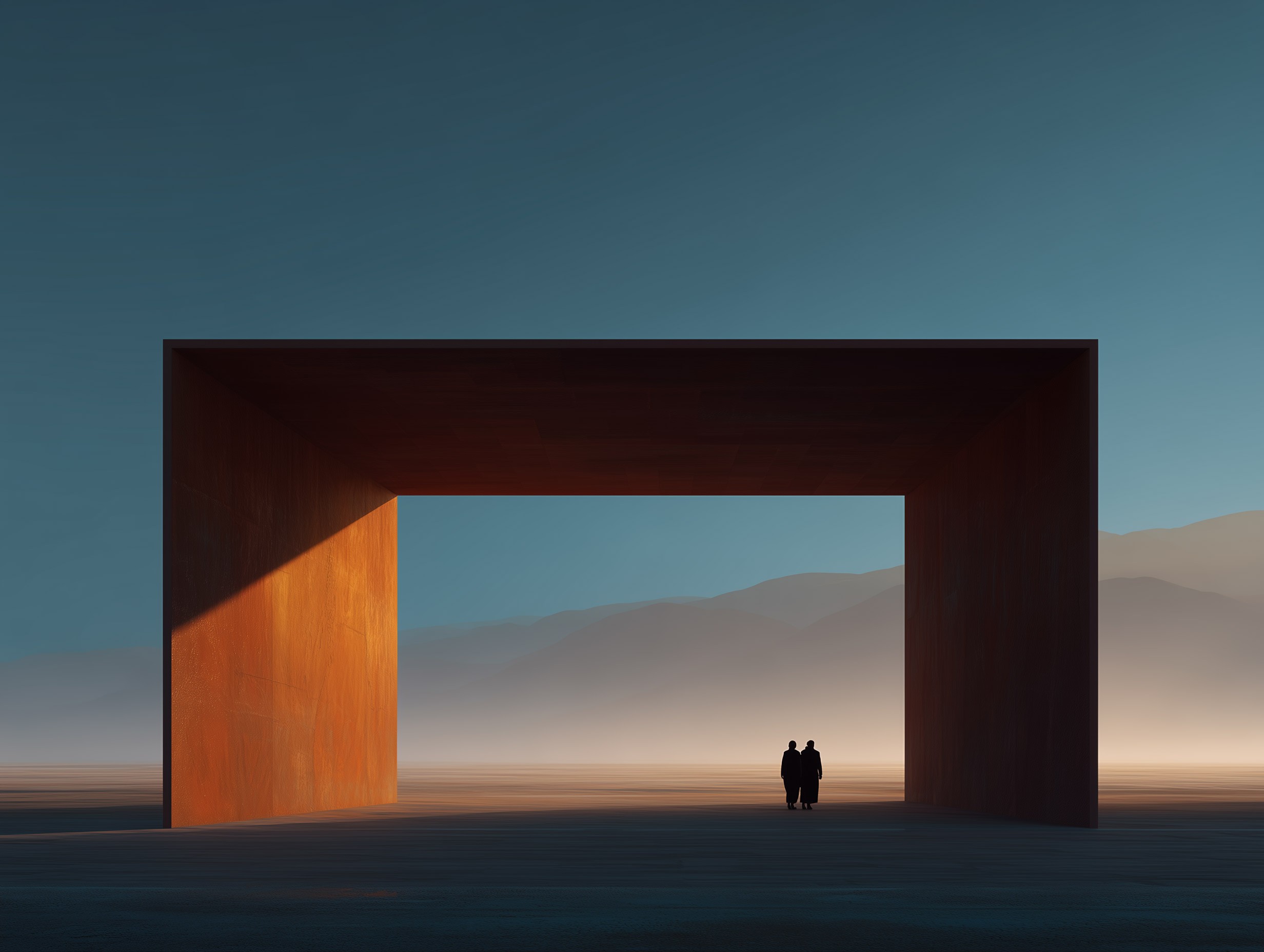 A monumental open-air pavilion standing alone in the desert at dawn, long shadows cutting across the sand.