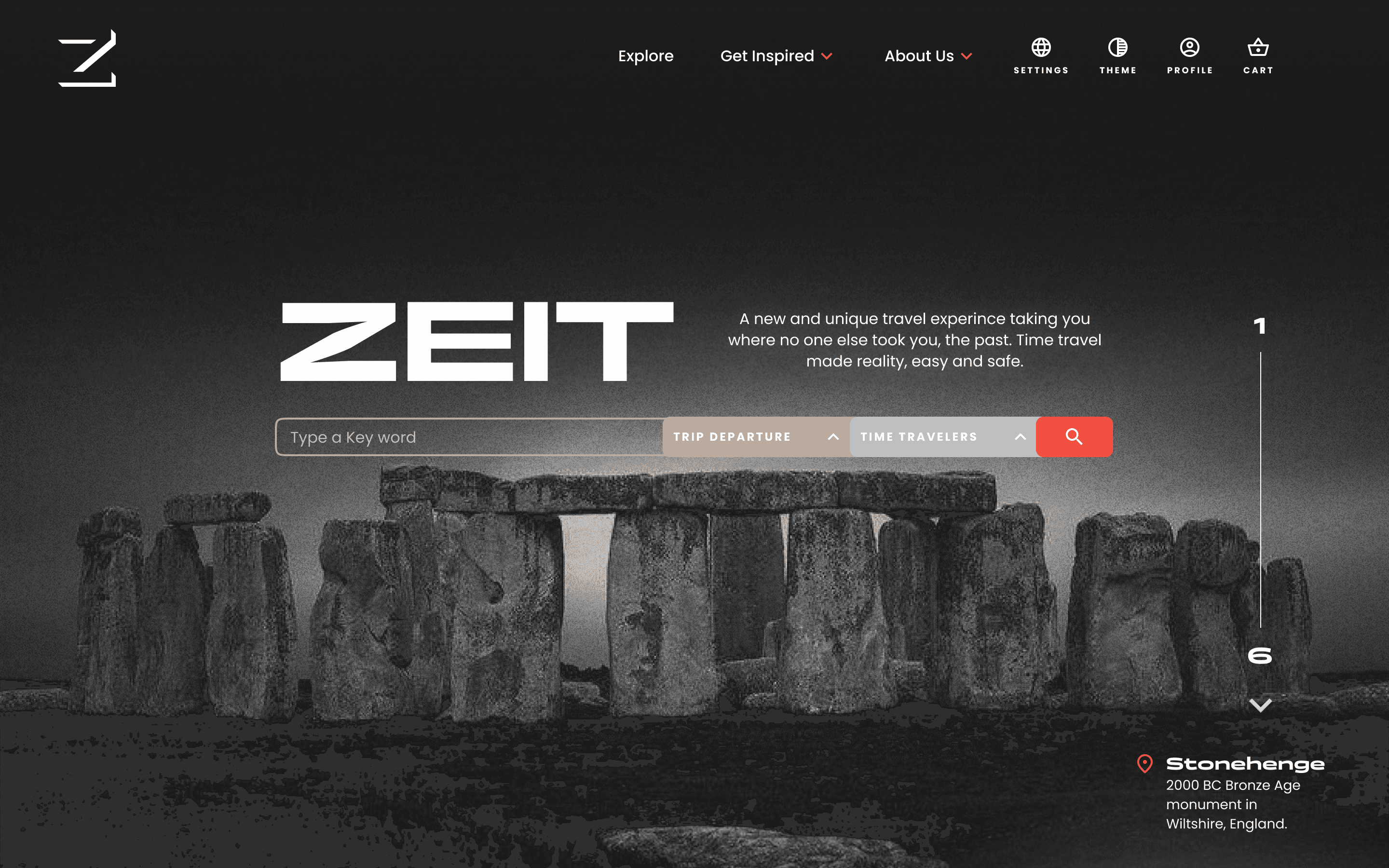 Hero section of a travel website featuring the word "ZEIT" in large font, with a description promoting a unique time travel experience to the past. A grayscale image of Stonehenge is in the background. The section includes a search bar and options for trip departure and time travelers.