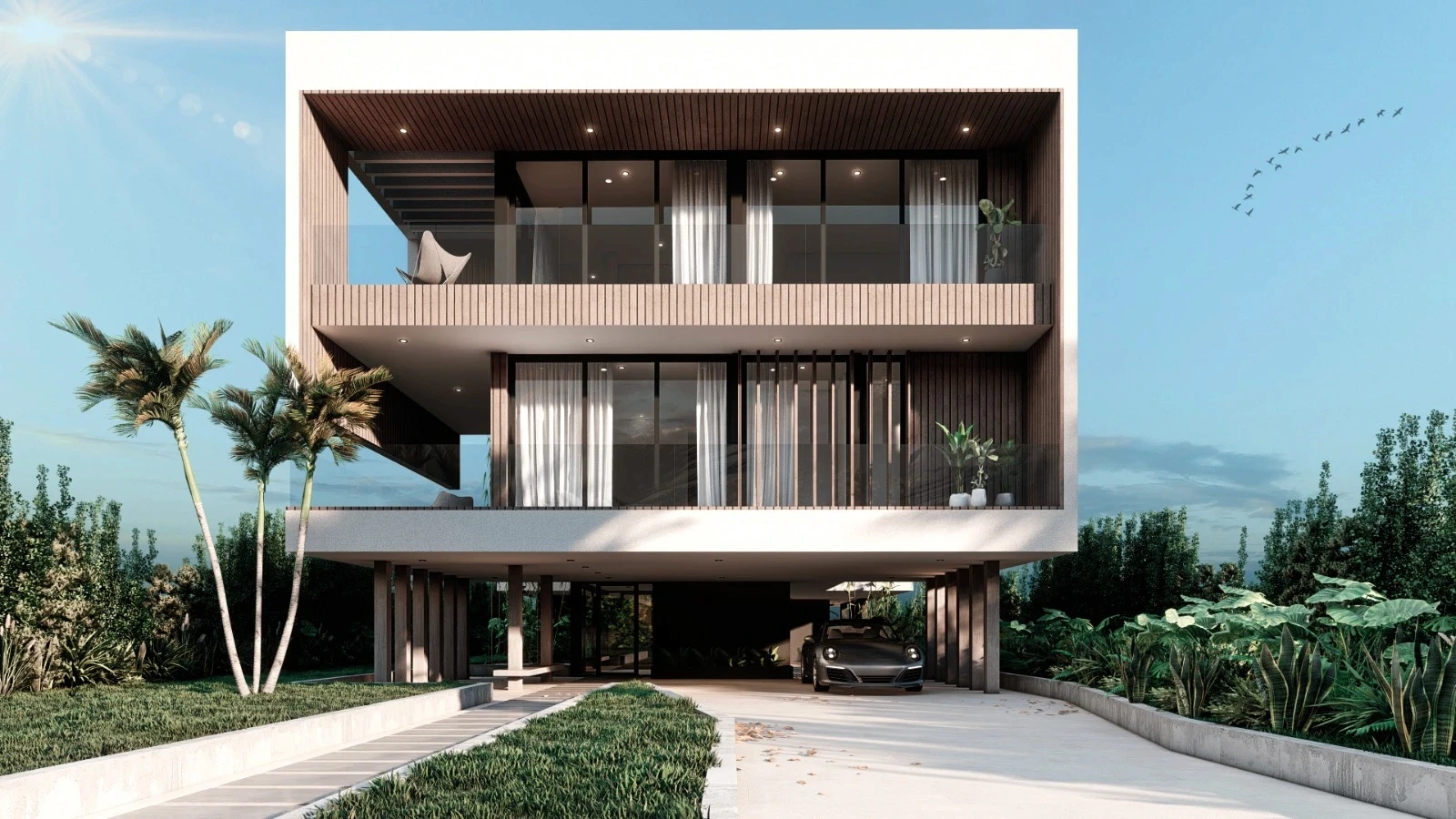 Front exterior of modern residence with wood slat details and covered parking, Miami Beach