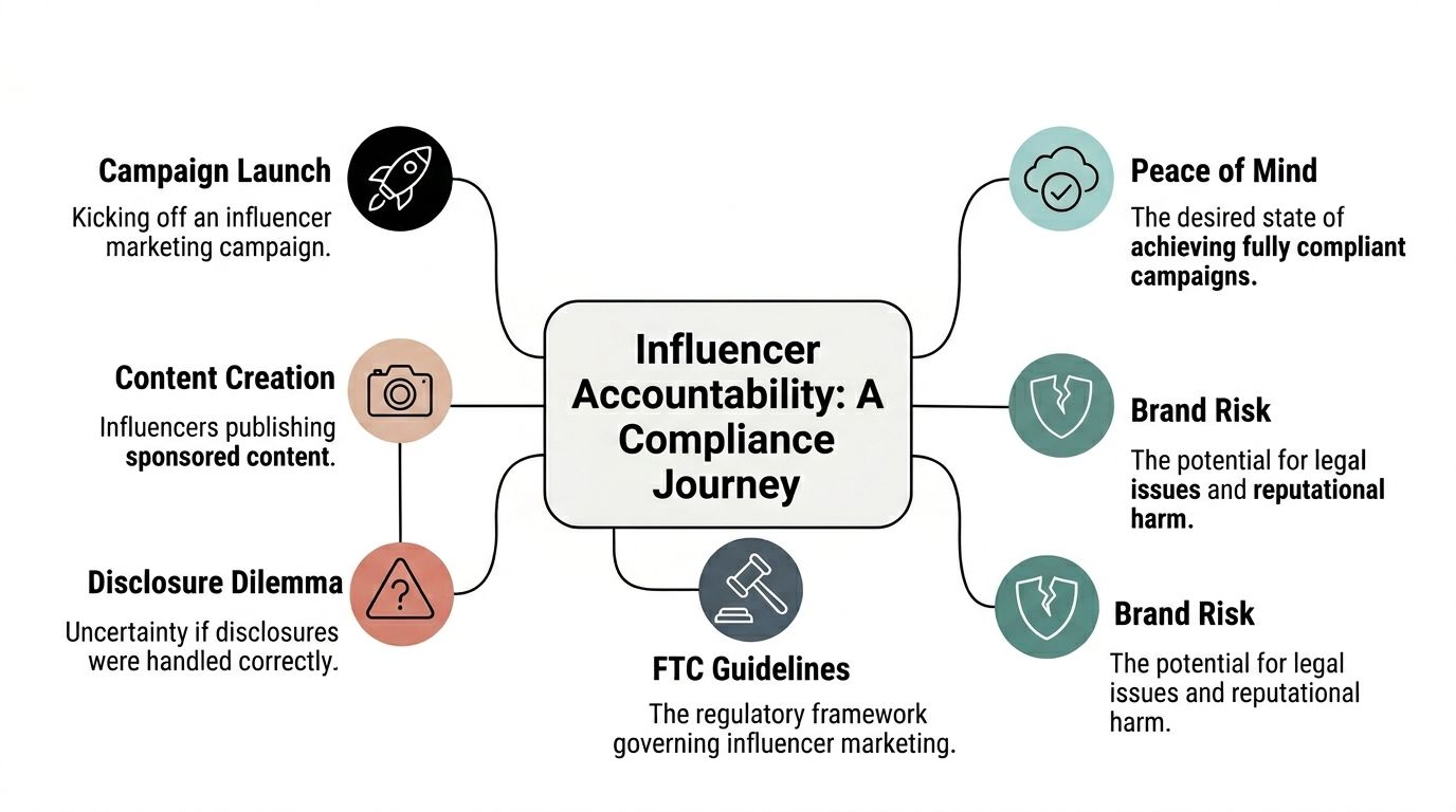 A mind map illustrating the stages and risks involved in influencer marketing compliance and FTC regulations.