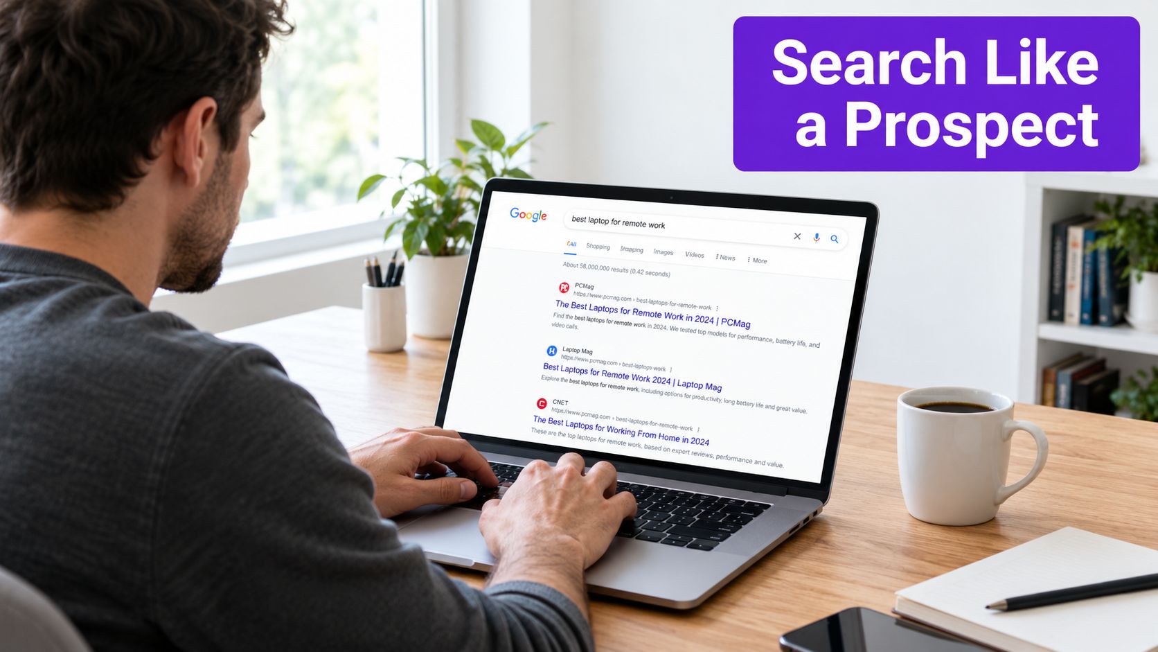 A professional man typing on a laptop displaying Google search results for remote work laptops.