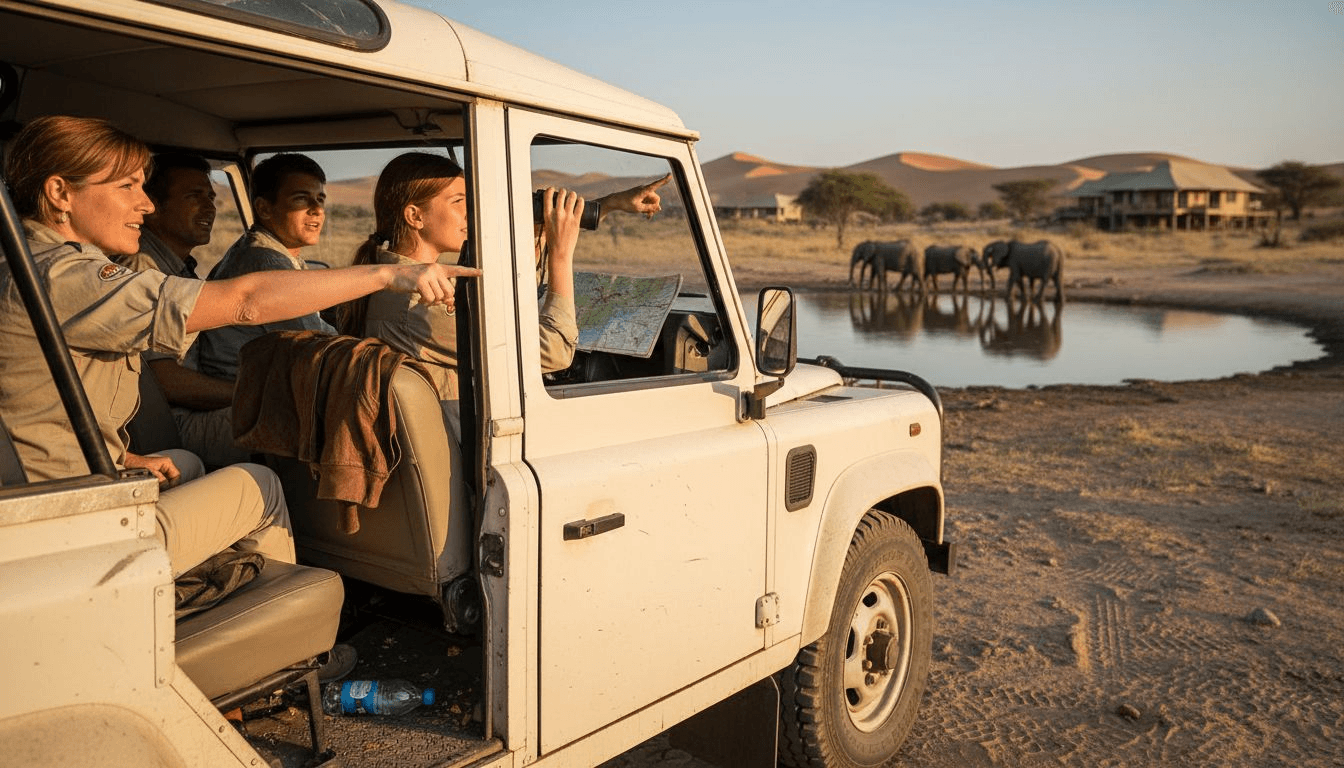 Safari group watching elephants from jeep