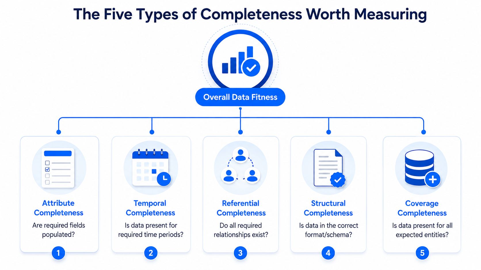 A diagram illustrating the five key types of data completeness for measuring overall data fitness.