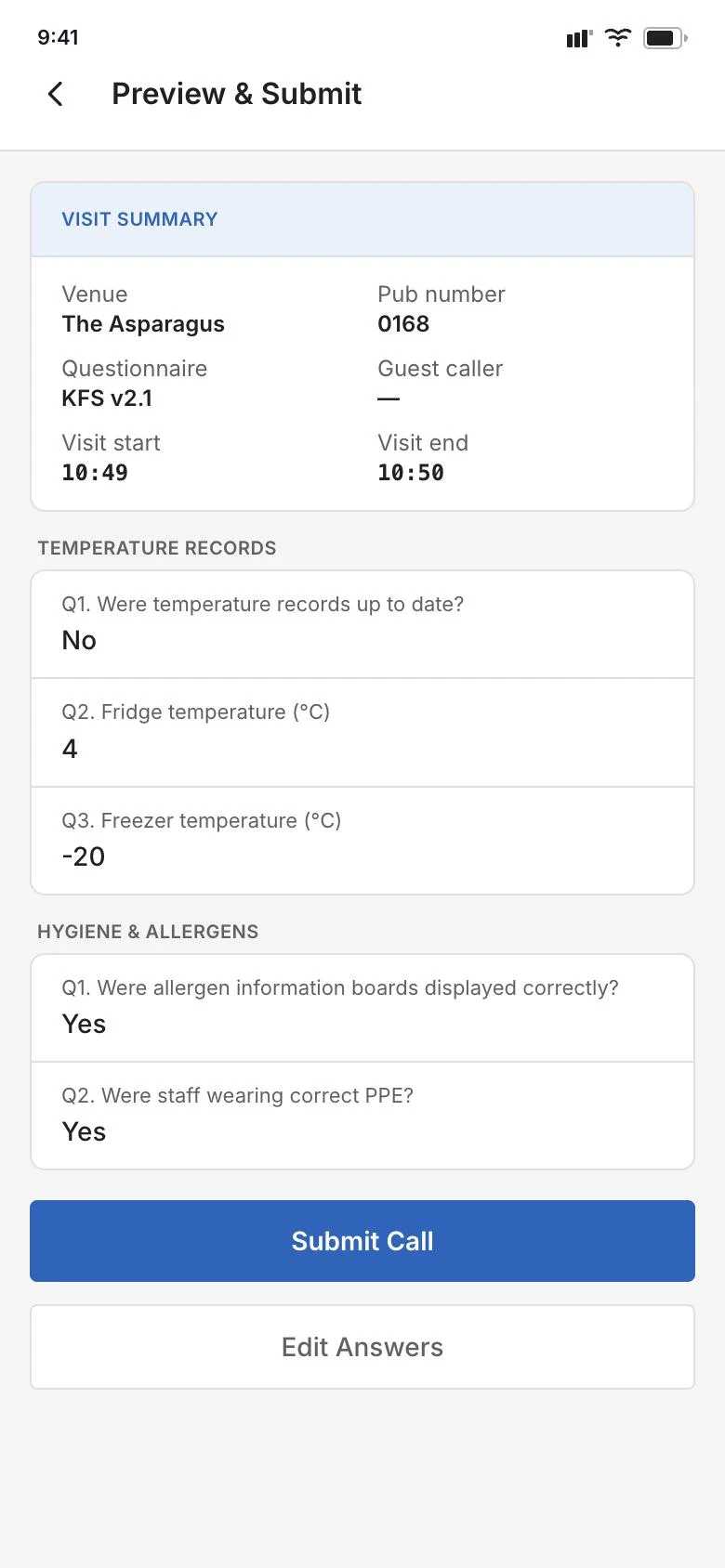 myPub app, reviewing answers with the pub manager before submitting