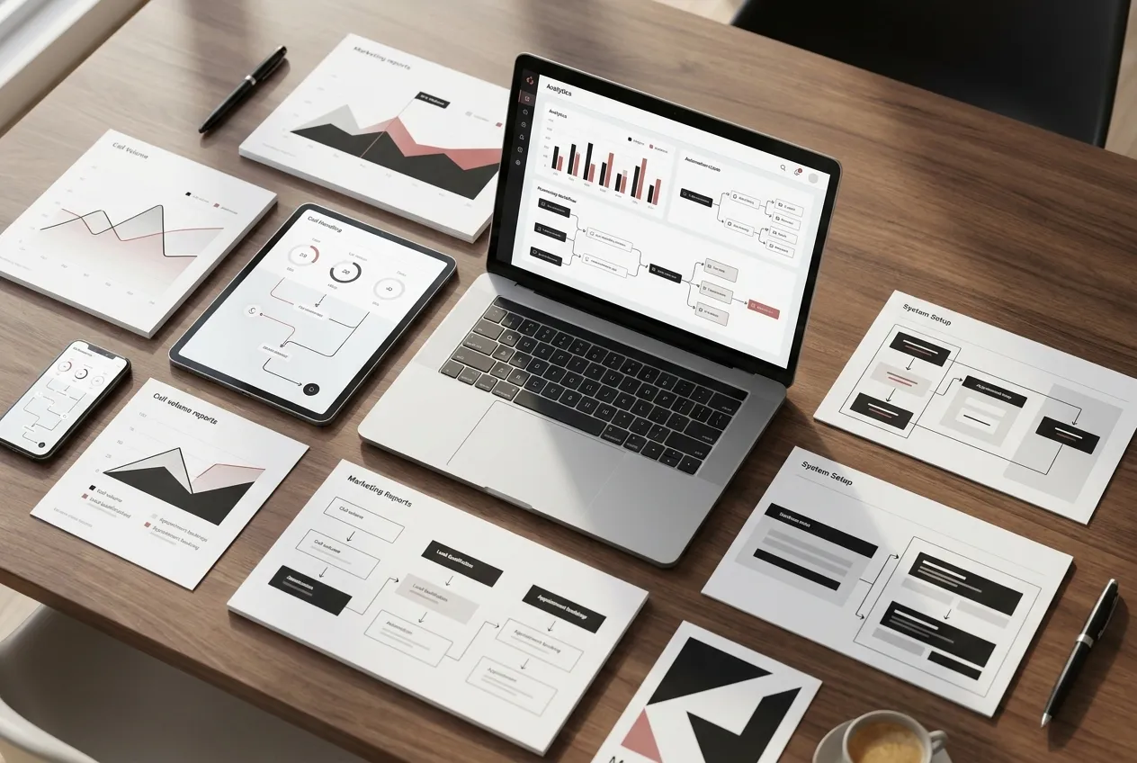 Digital Marketing setup by RockN' Socials on laptop, tablet, and phone.