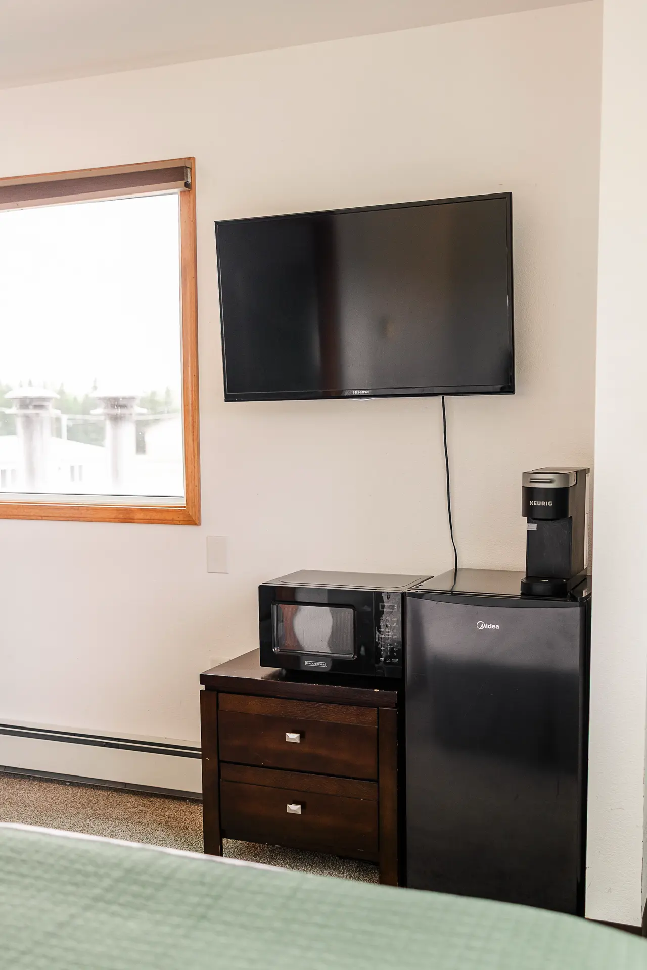 Flat-screen TV, microwave, mini fridge, and coffee maker.