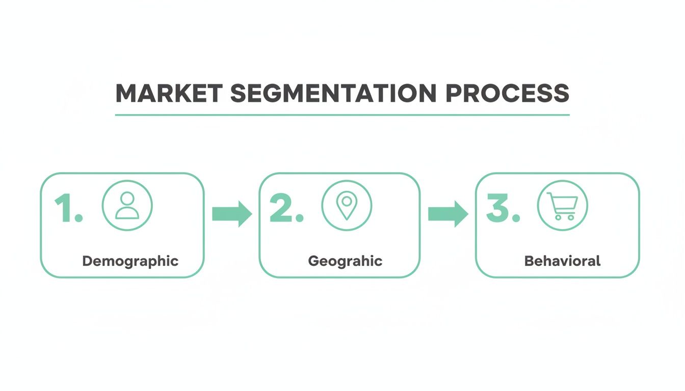 Market segmentation process diagram illustrating demographic, geographic, and behavioral segmentation stages.