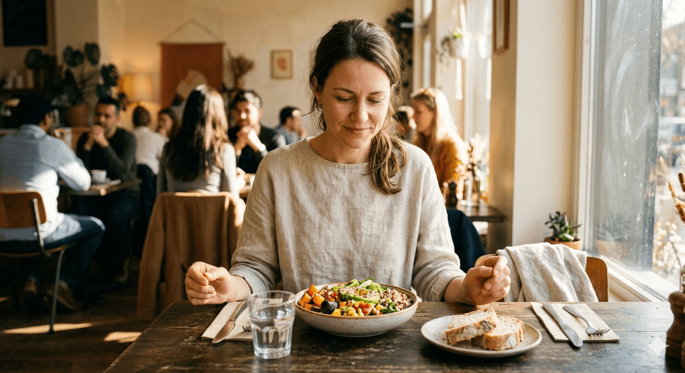 Woman eating a relaxed meal without tracking — what happens to the body when you stop dieting