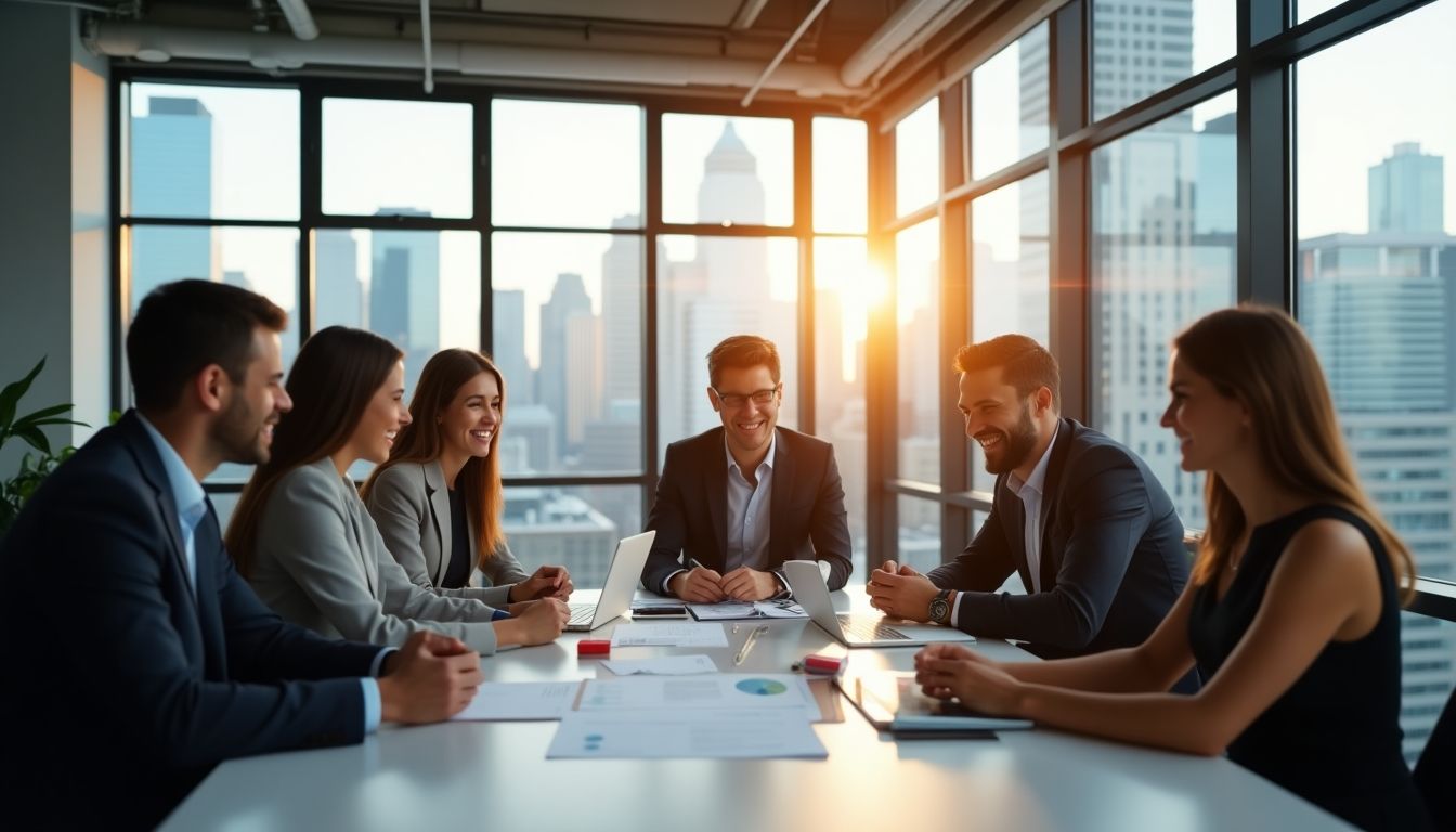 Diverse finance professionals collaborating in a modern office.