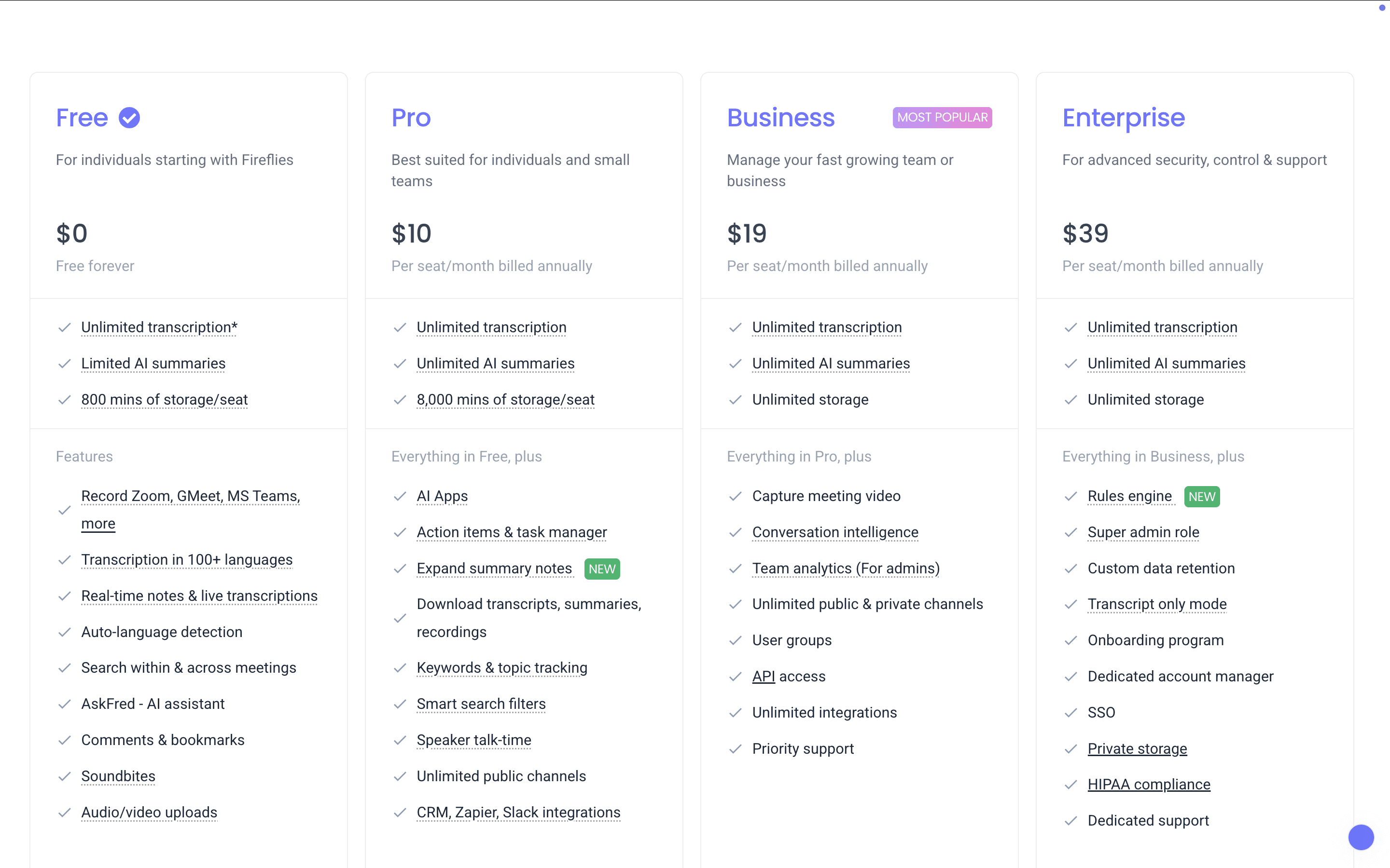 Prijzen en abonnementen van Fireflies AI