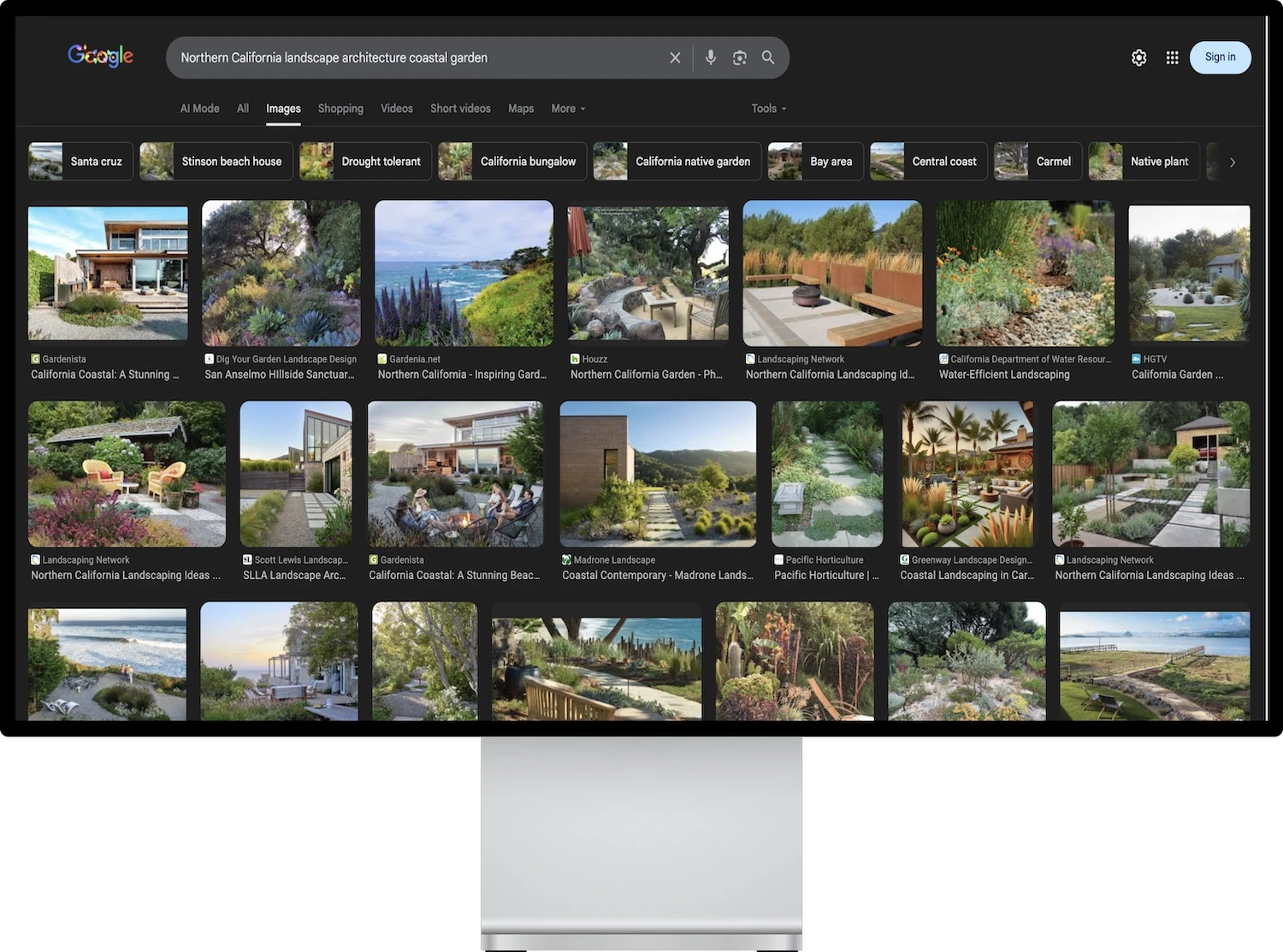 Google Images search results showing Northern California landscape architecture and coastal garden projects displayed on a desktop screen.