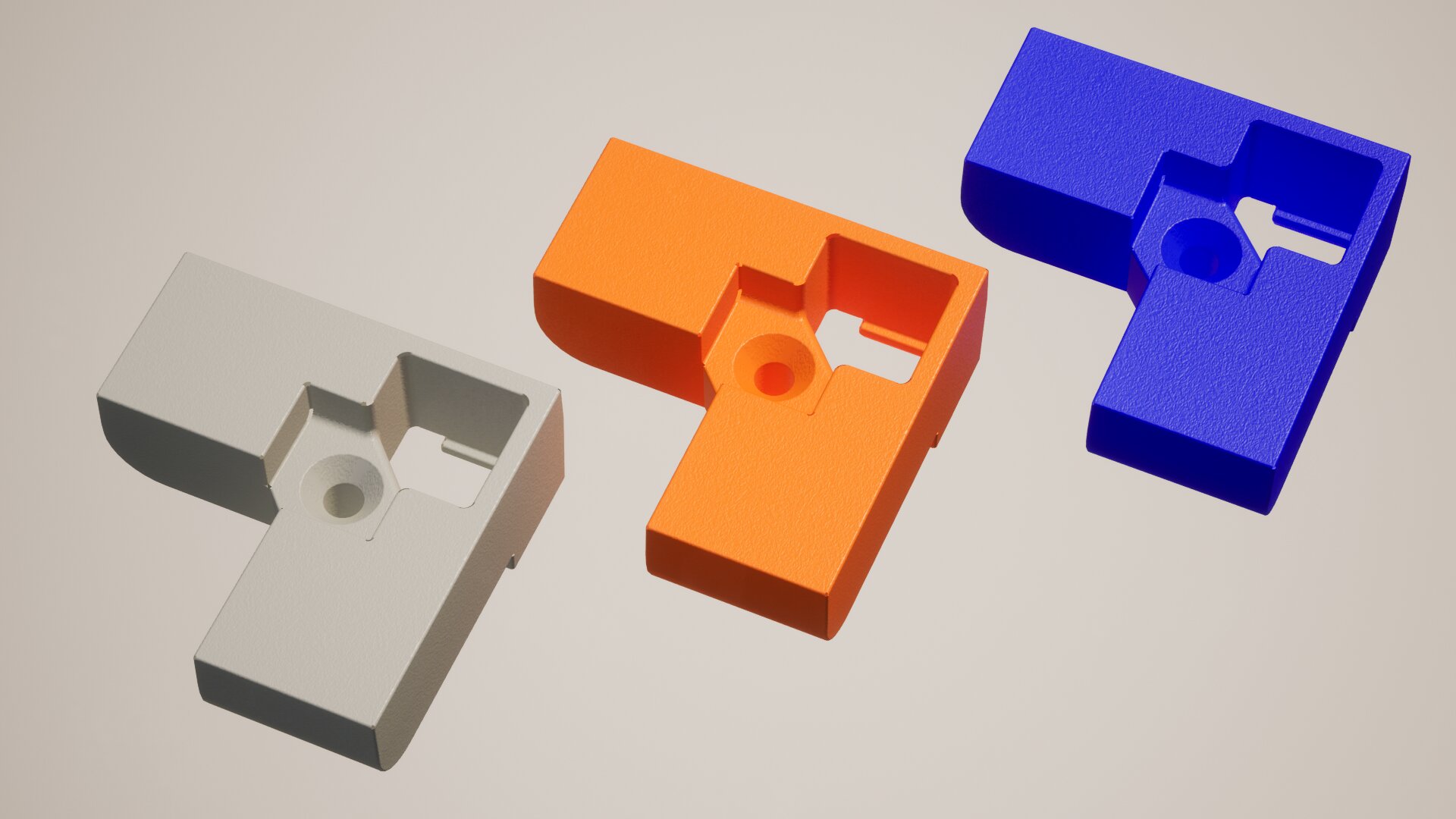 Colorful array of various colored rectangular shelf supports, including red, orange, and blue.