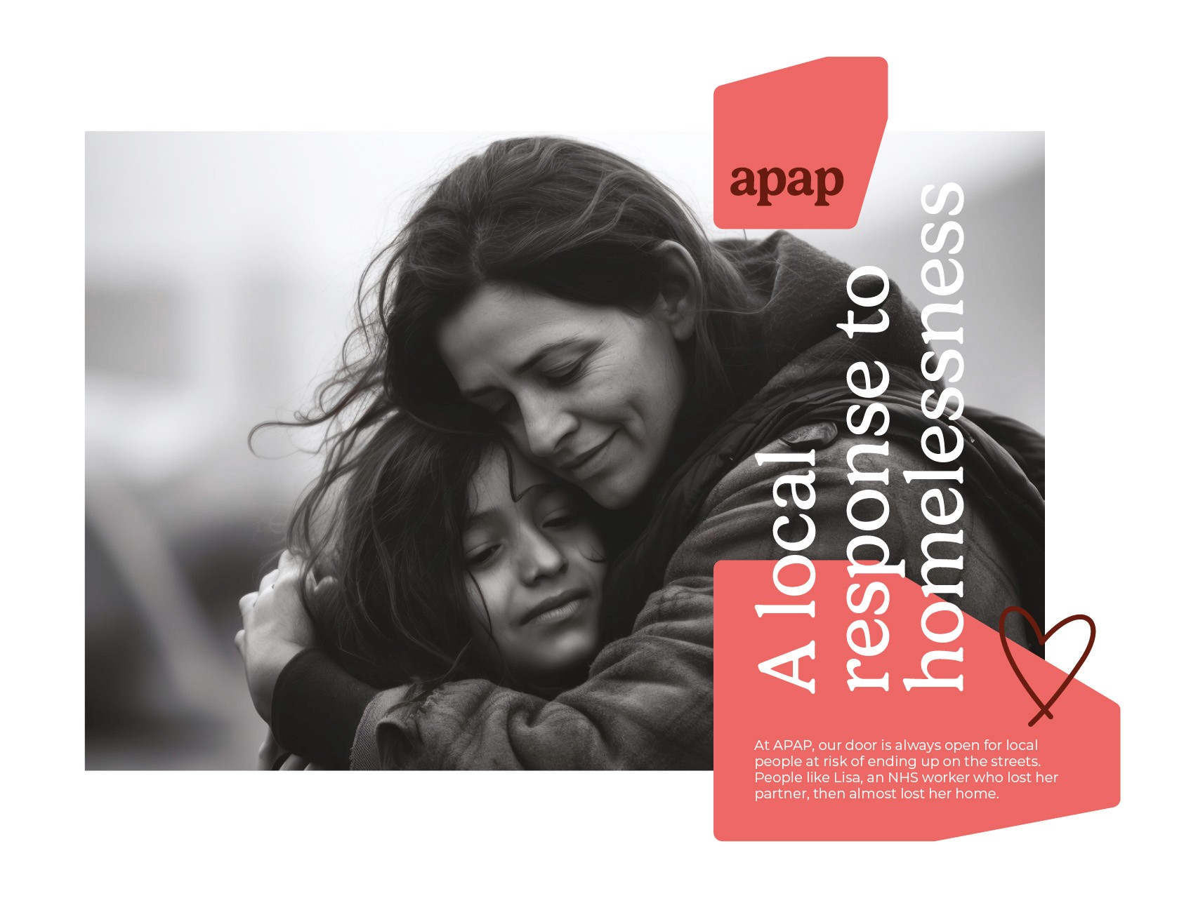 Black and white image of a woman comforting a child; related to homelessness.