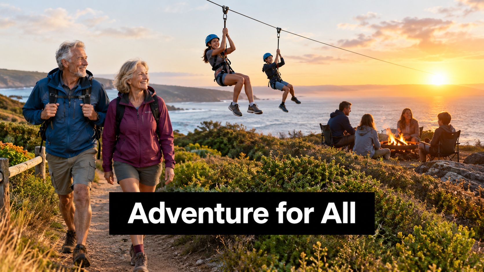 A multigenerational family enjoying an outdoor adventure with hiking, ziplining, and a sunset beach campfire.