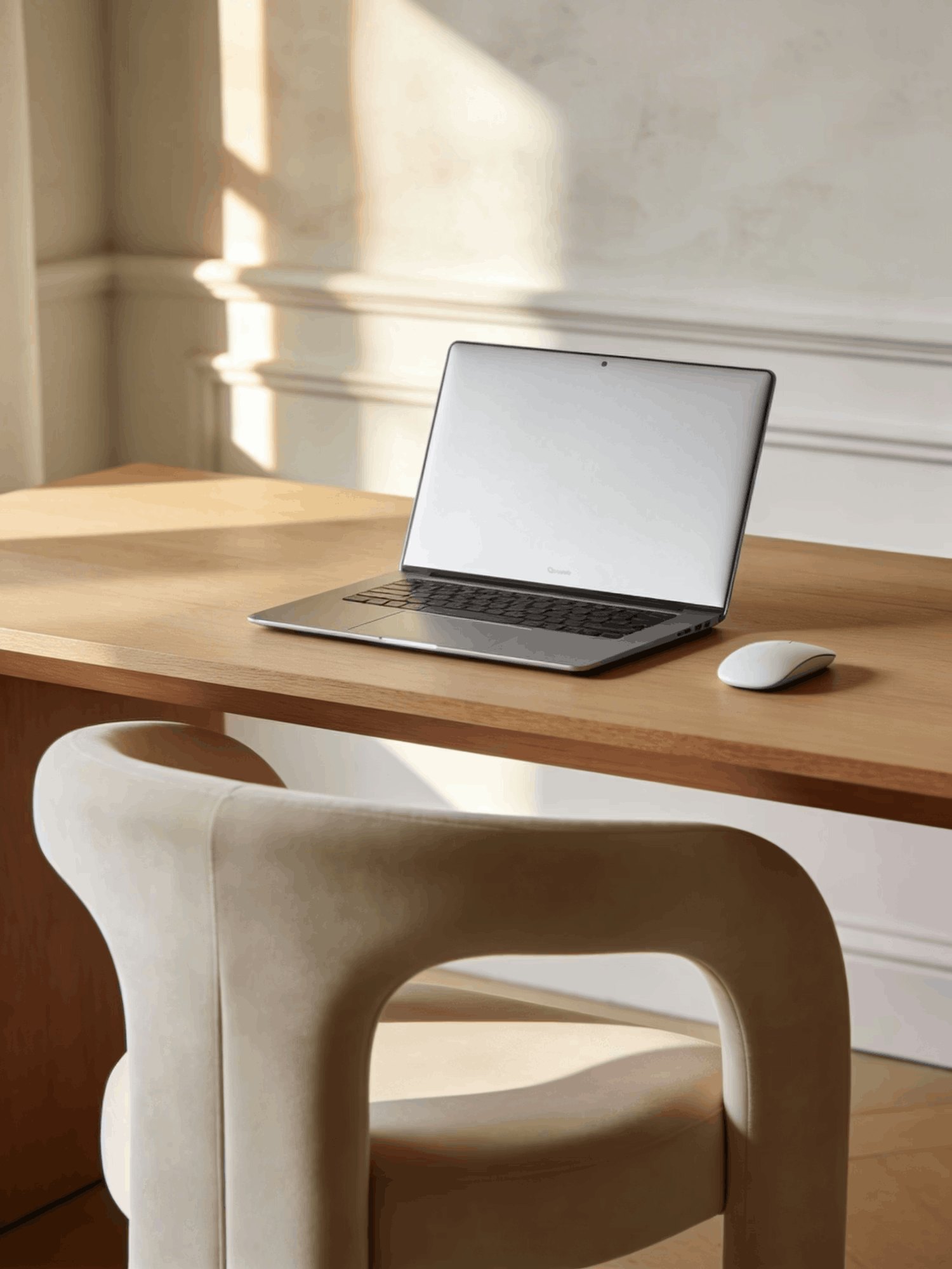 Laptop with blank screen and white mouse on a wooden desk; beige chair.