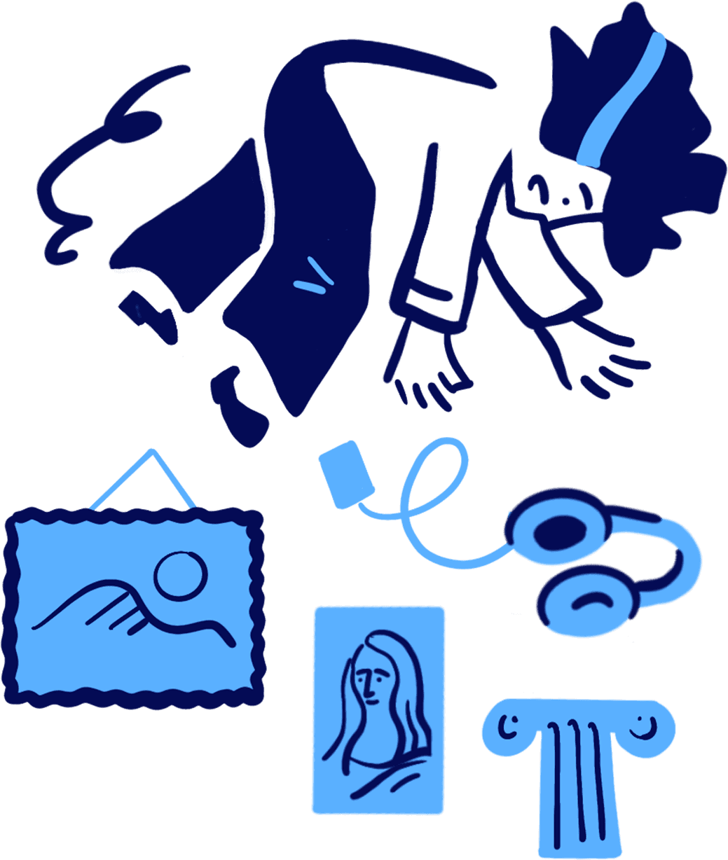 Woman floating away from museum pieces