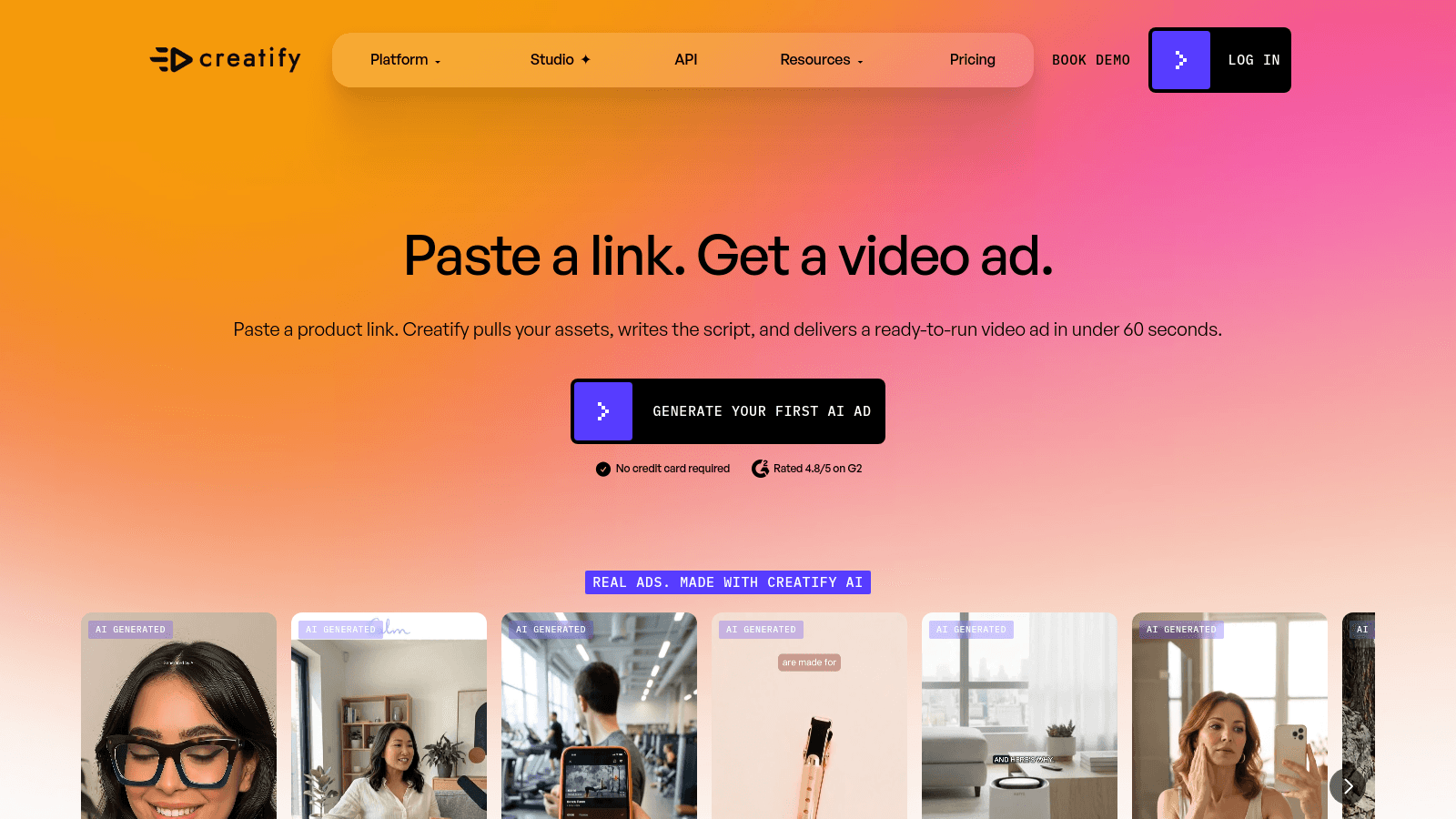 Creatify marketing page featuring an AI video generator tool with a URL input for ad creation.