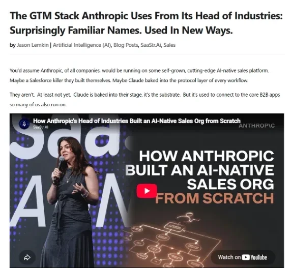 Screenshot of the SaaStr article on Anthropic's GTM stack