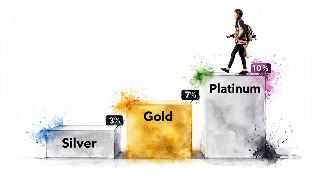 A person walks on top of a tiered loyalty program showing Silver (3%), Gold (7%), and Platinum (10%) levels.
