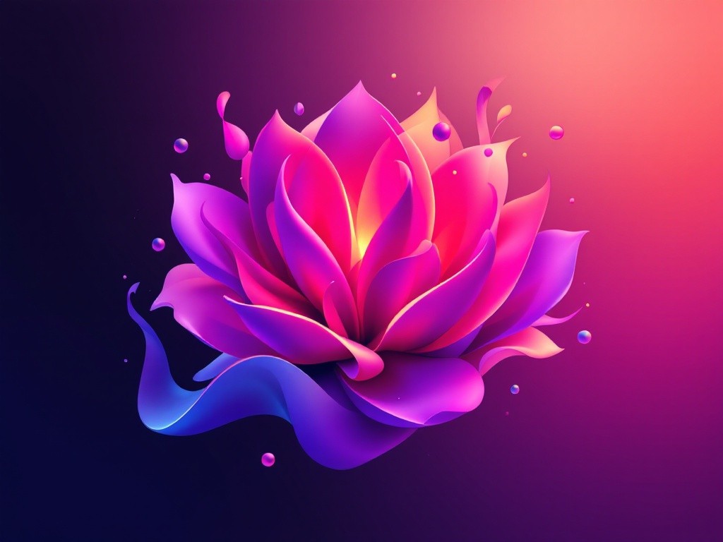 Abstract image of a vibrant flower with pink and purple petals and blue accents, set against a dark background.