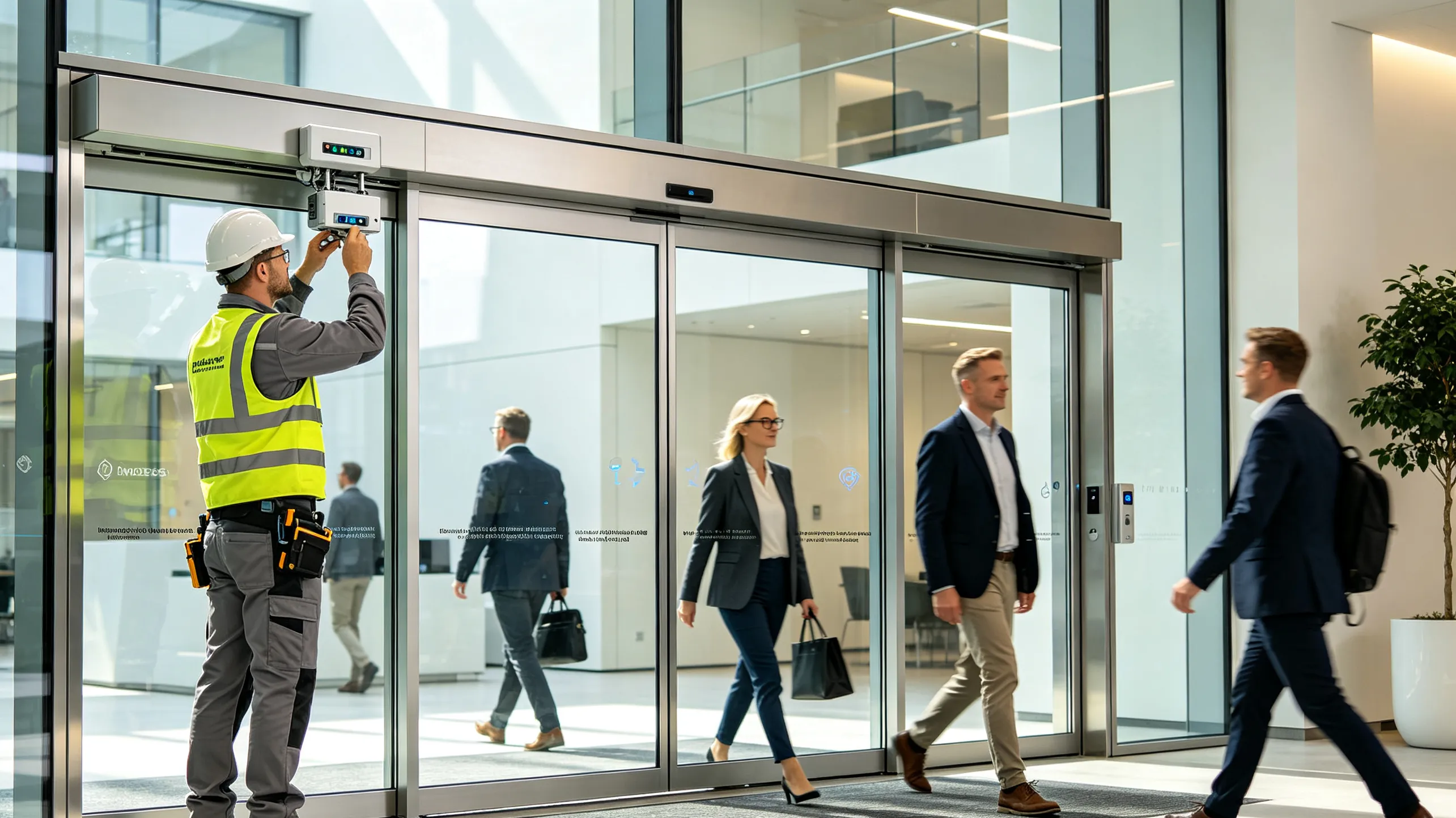 Automatic door sensor installed above a commercial sliding glass door