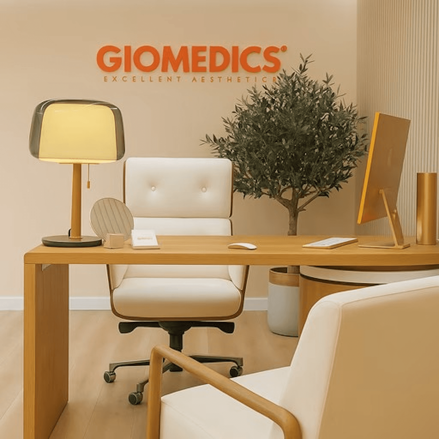 GIOMEDICS® clinic interior with modern desk, seating, and aesthetic consultation office design.