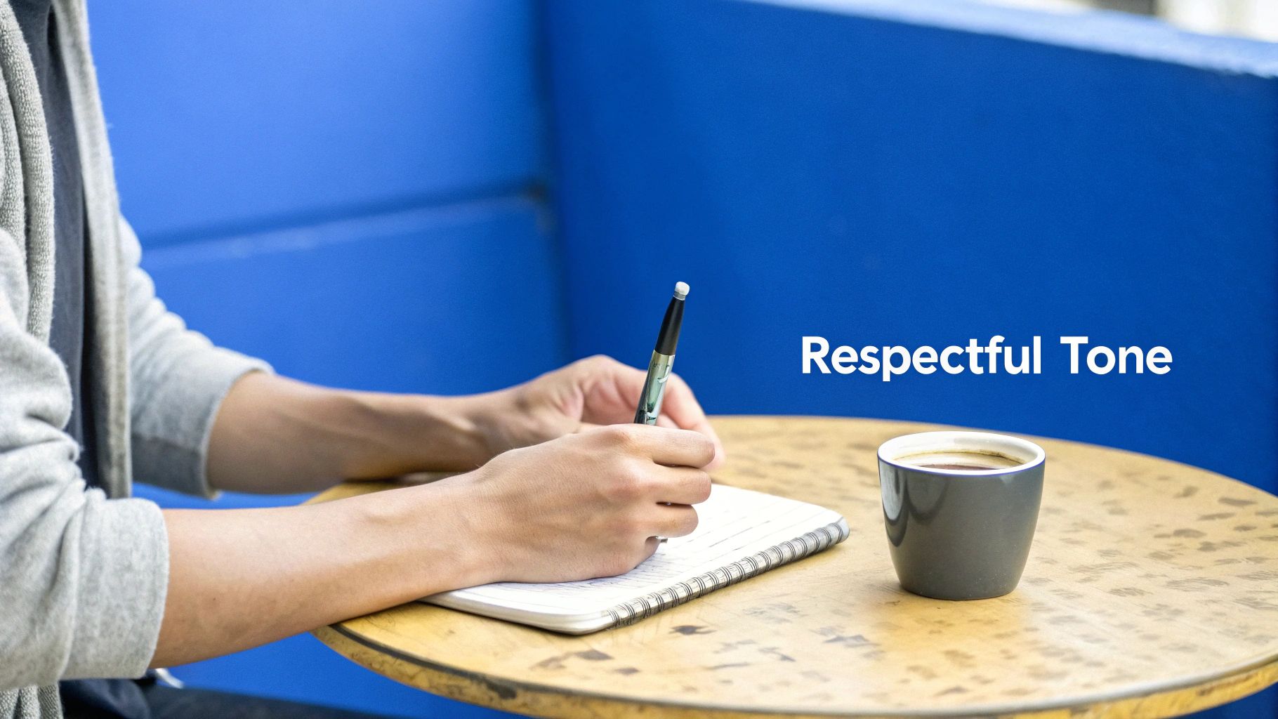 A person writing in a notebook with a pen next to a coffee cup, blue background.