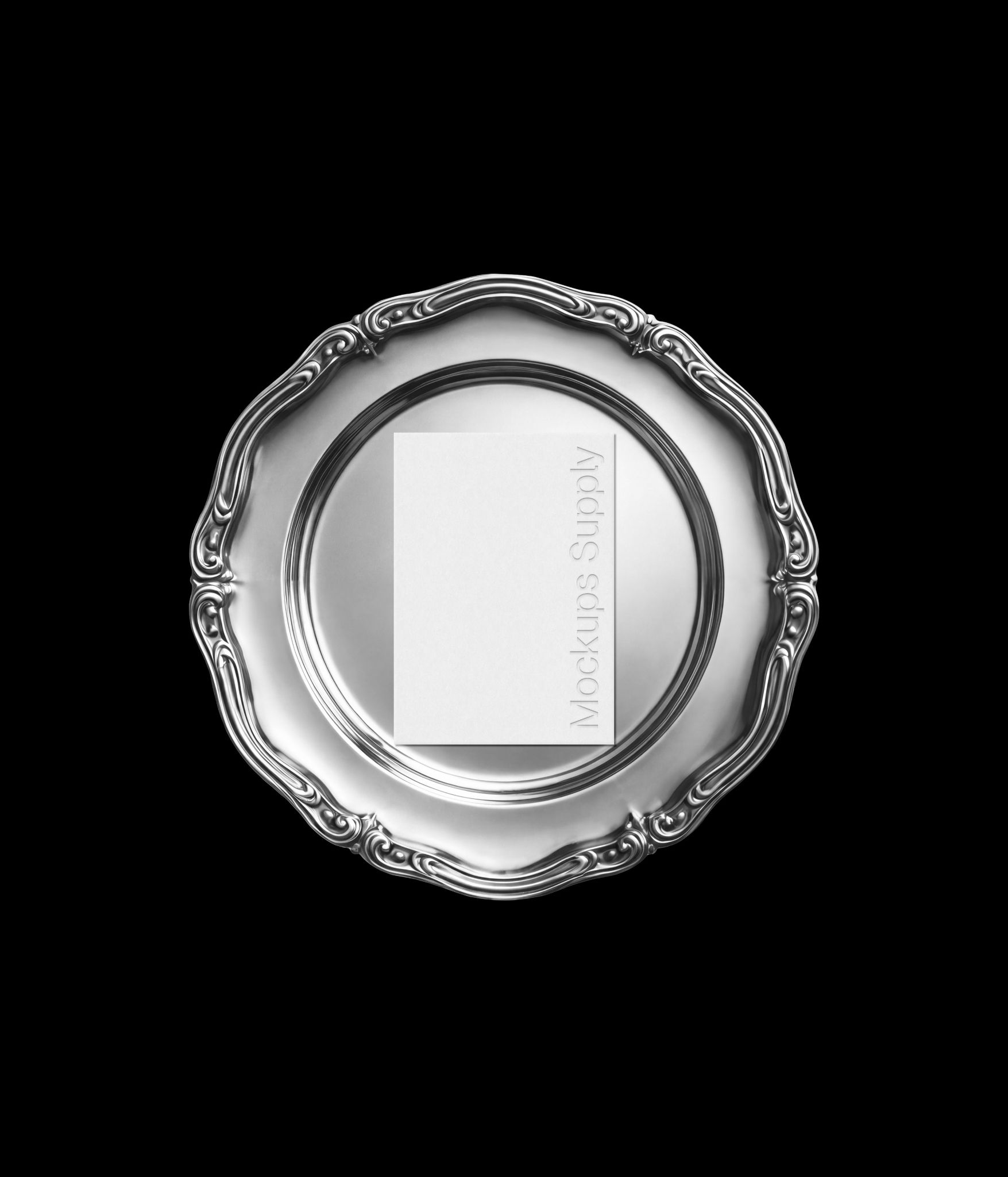 Wedding invitation card  mockup on clean round silver plate for branding and stationery presentation