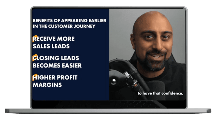 man-smiling-speaking-into-microphone-with-text-on-screen-listing-benefits-of-appearing-earlier-in-customer-journey