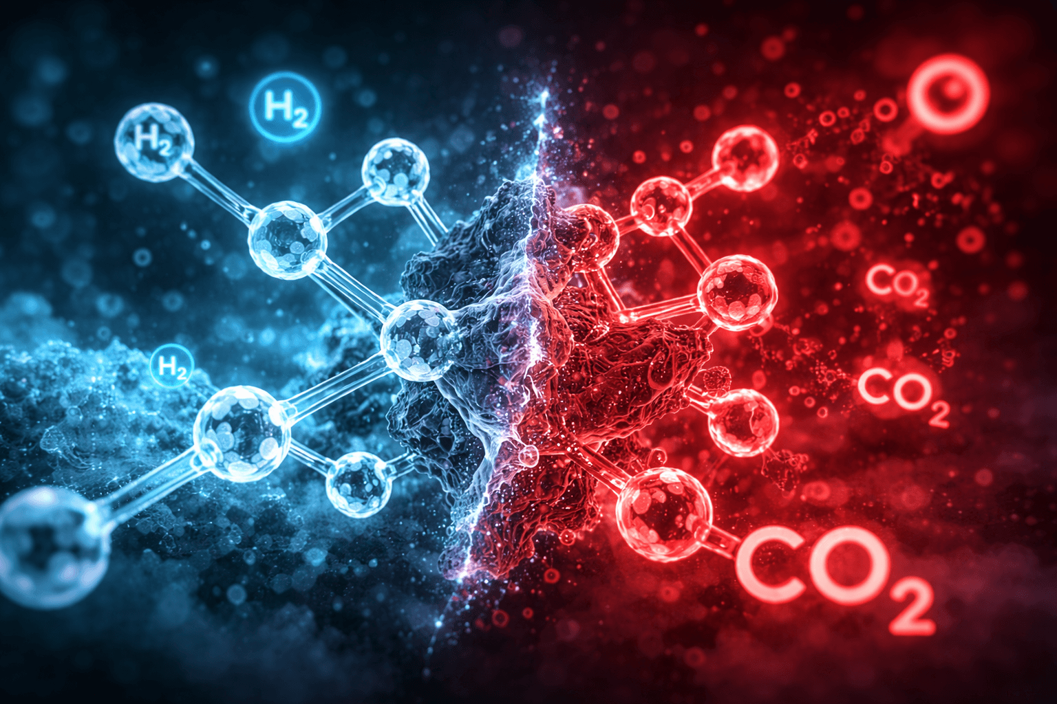 Illustration of hydrogen and CO₂ molecules used to represent energy transition transport pipelines.